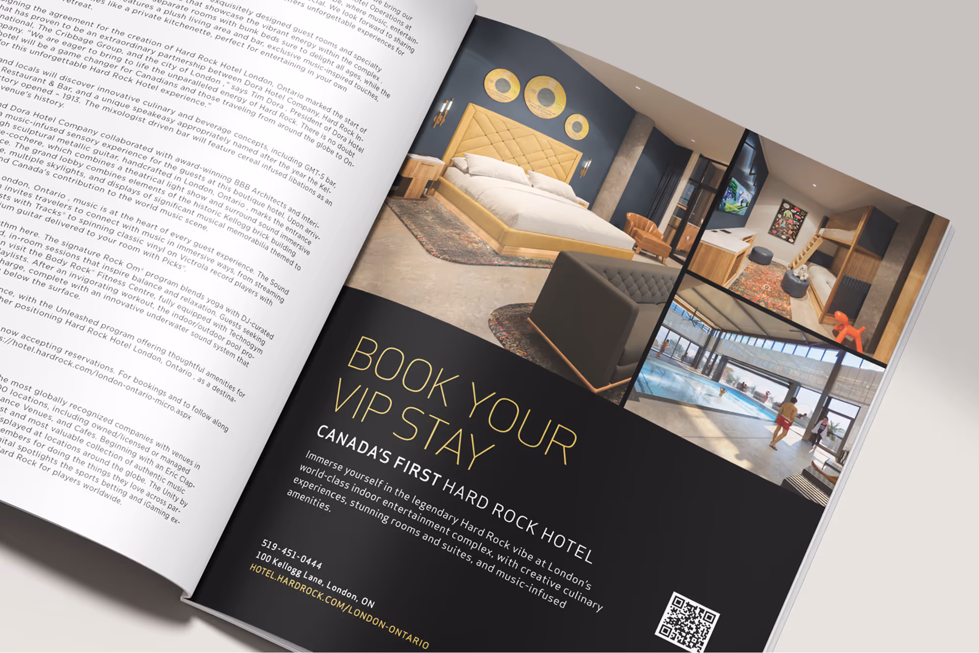 Magazine spread featuring an ad for Canada's first Hard Rock Hotel with images of a modern bedroom, kids' room, and indoor pool.