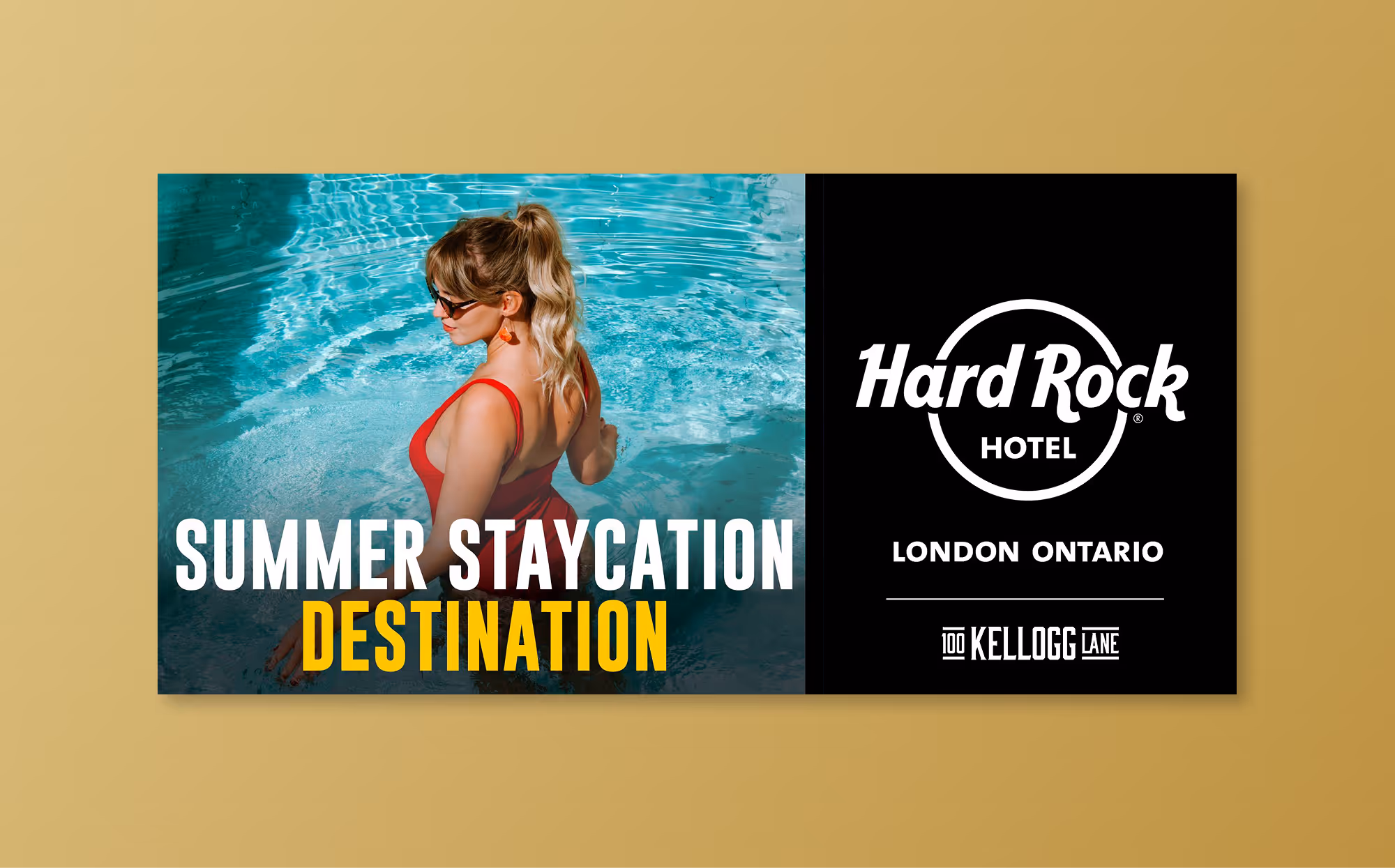 Woman in red swimsuit standing in a swimming pool with text promoting Hard Rock Hotel London Ontario as a summer staycation destination.
