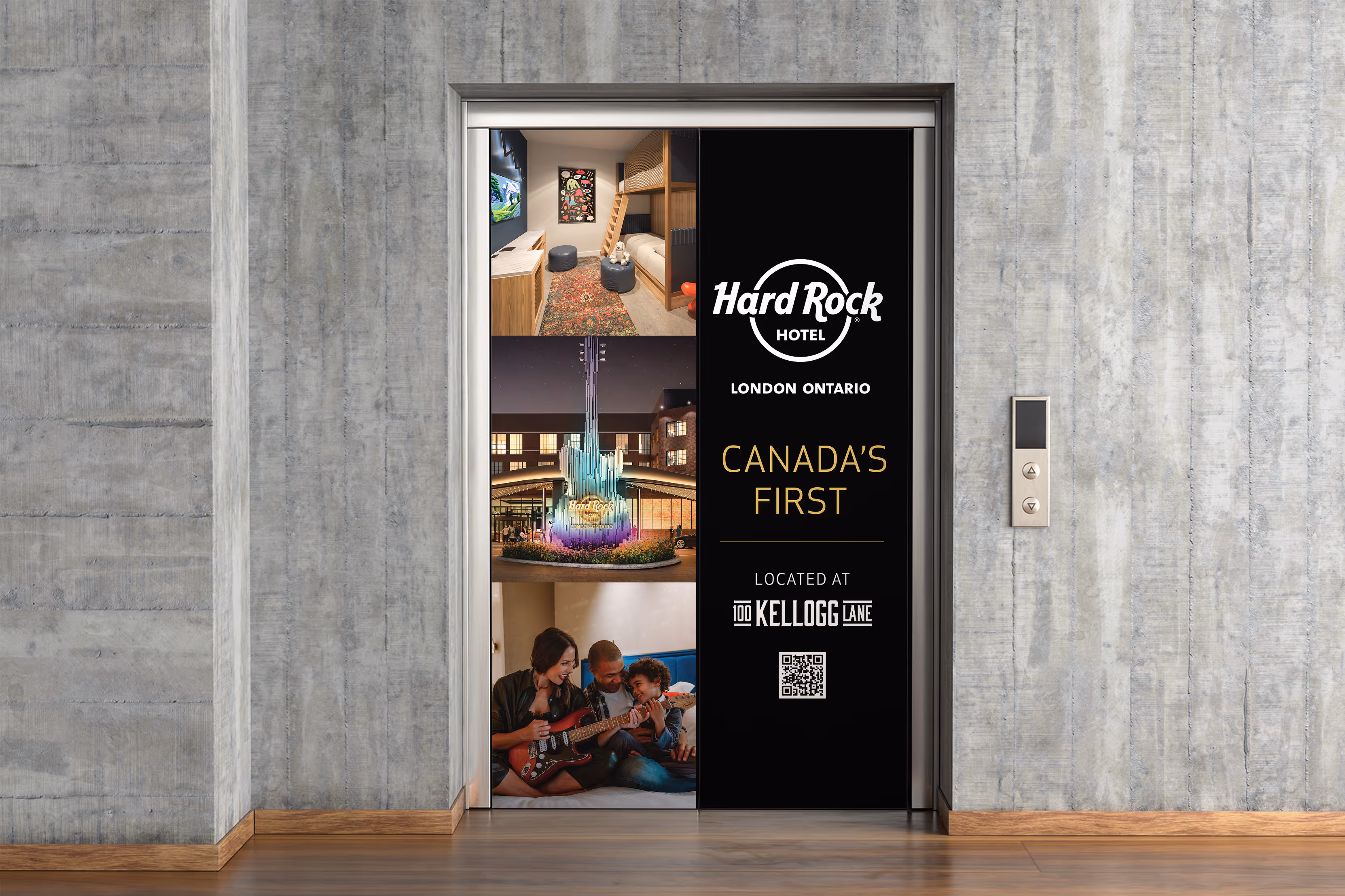 Elevator doors with Hard Rock Hotel London Ontario branding featuring images of a hotel room, a lighted guitar sculpture, and people playing guitar, with text stating Canada’s first located at 100 Kellogg Lane.