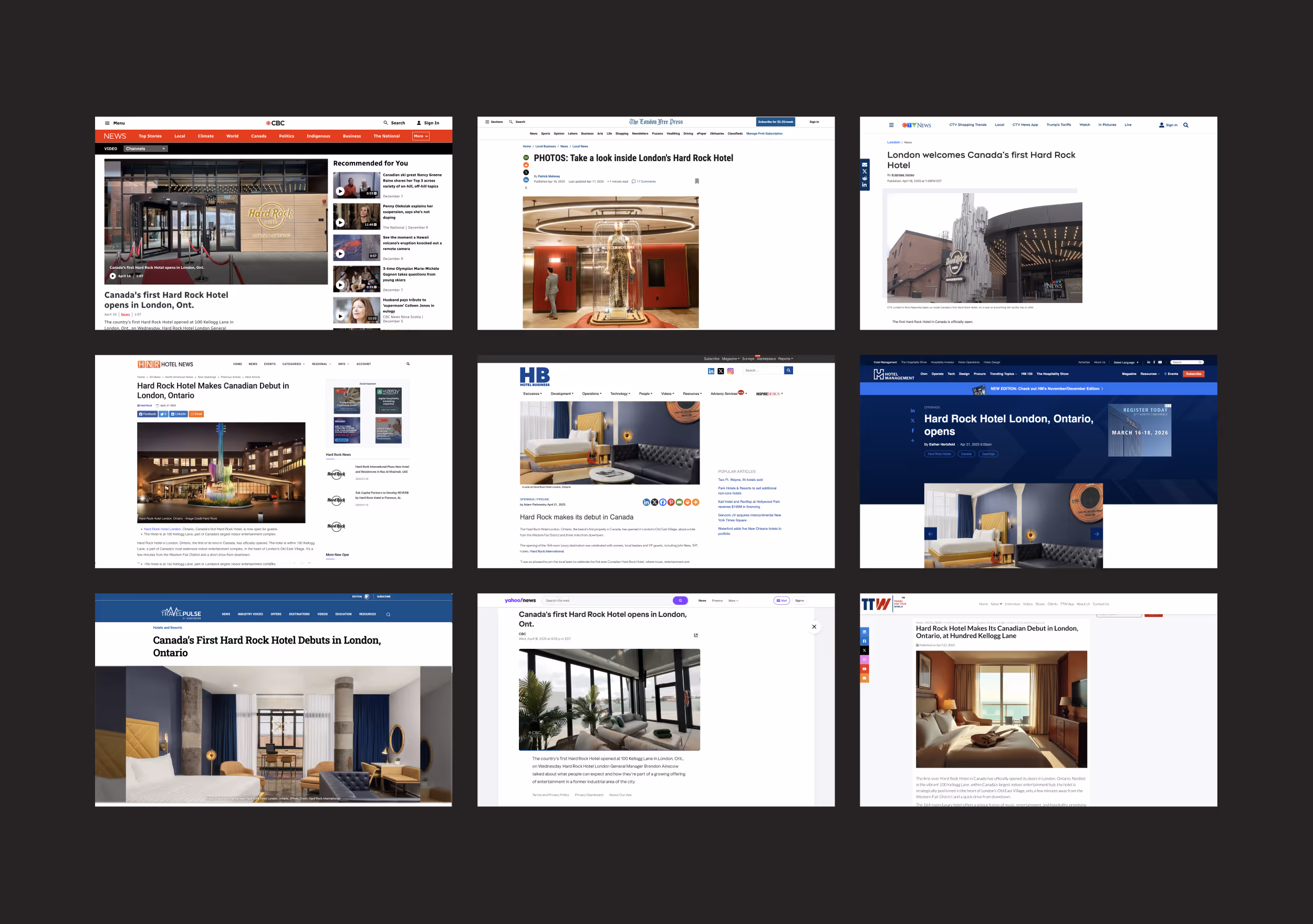 Collage of nine online news articles showcasing the opening and interior of Canada's first Hard Rock Hotel in London, Ontario.