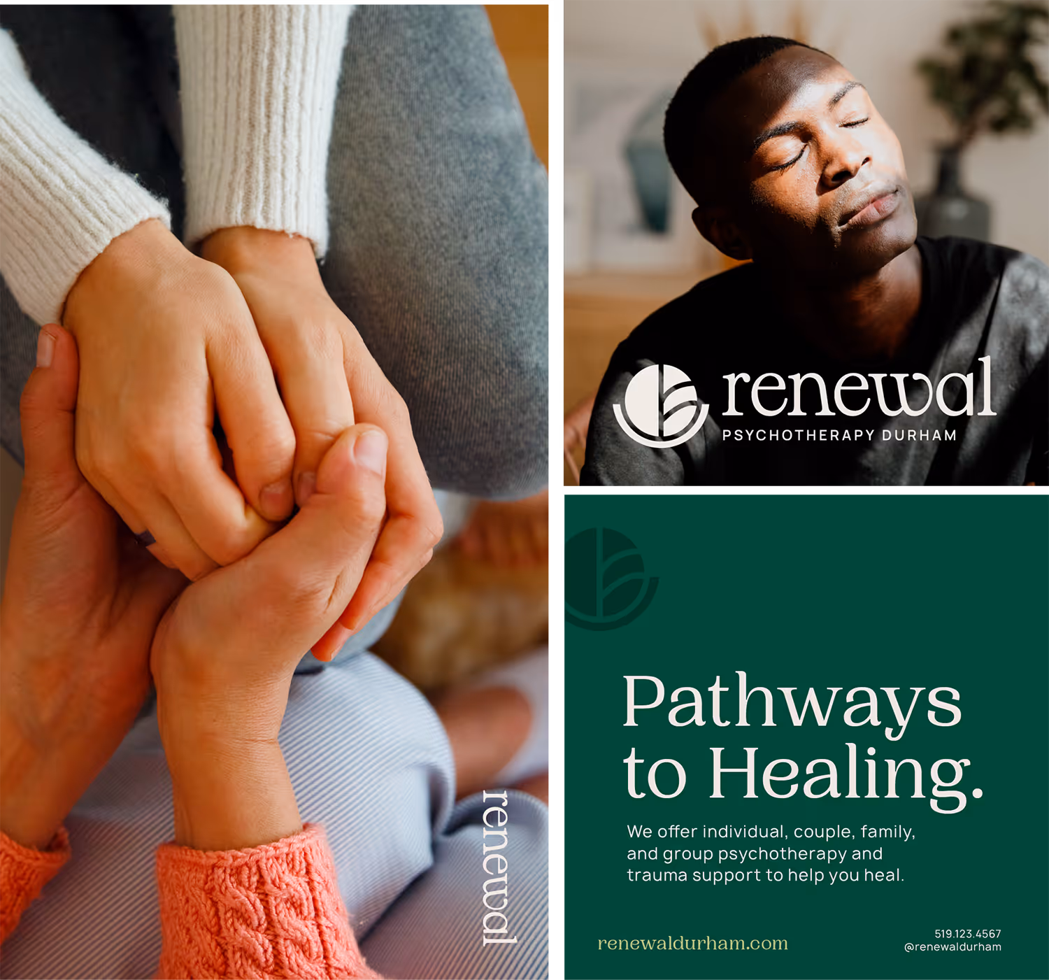 Two people holding hands in a comforting gesture, with text promoting Renewal Psychotherapy Durham's services for individual, couple, family, and group trauma support.