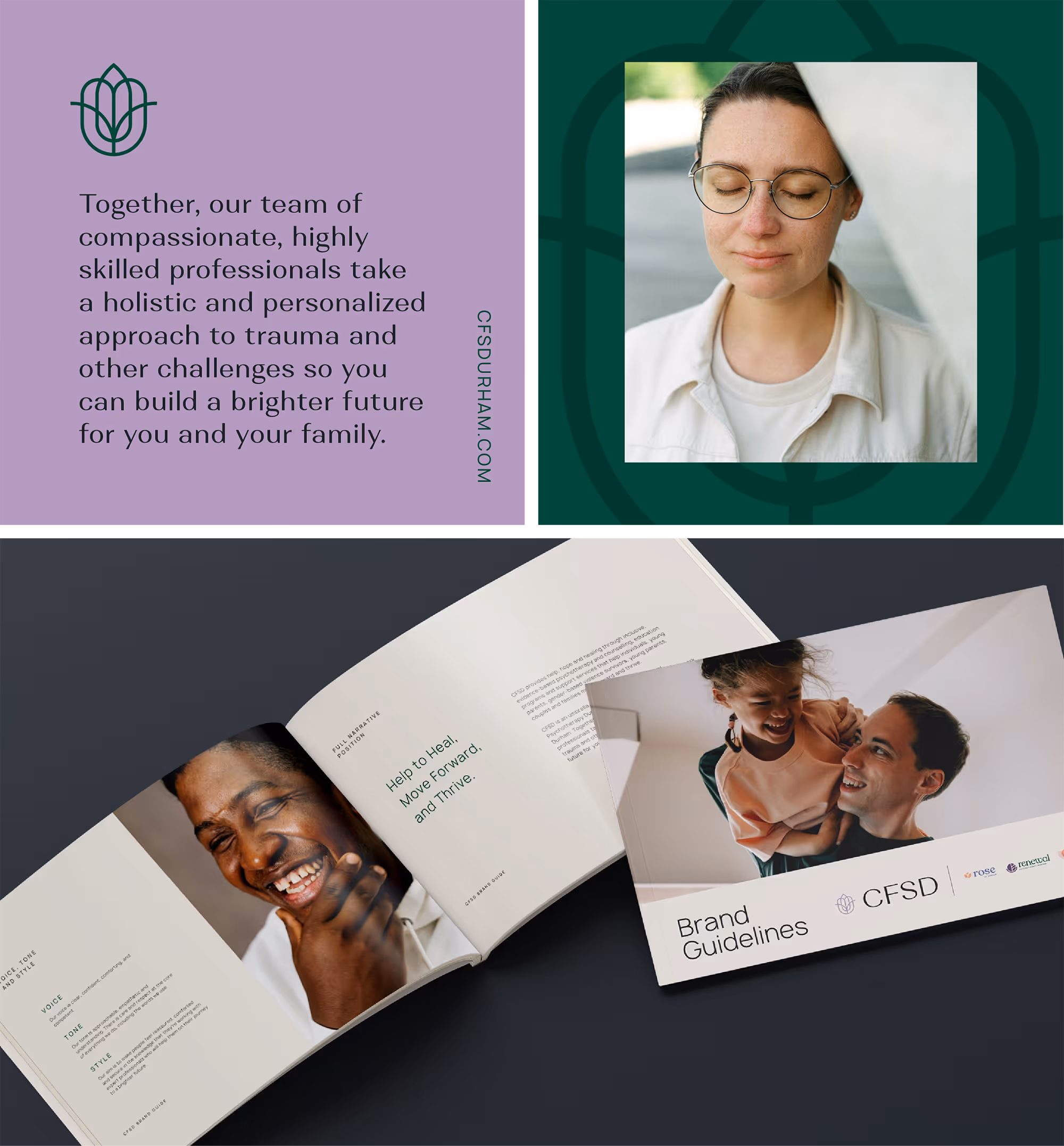 Collage with a woman with glasses and closed eyes, text about compassionate trauma care, and two brand guideline booklets featuring smiling people.