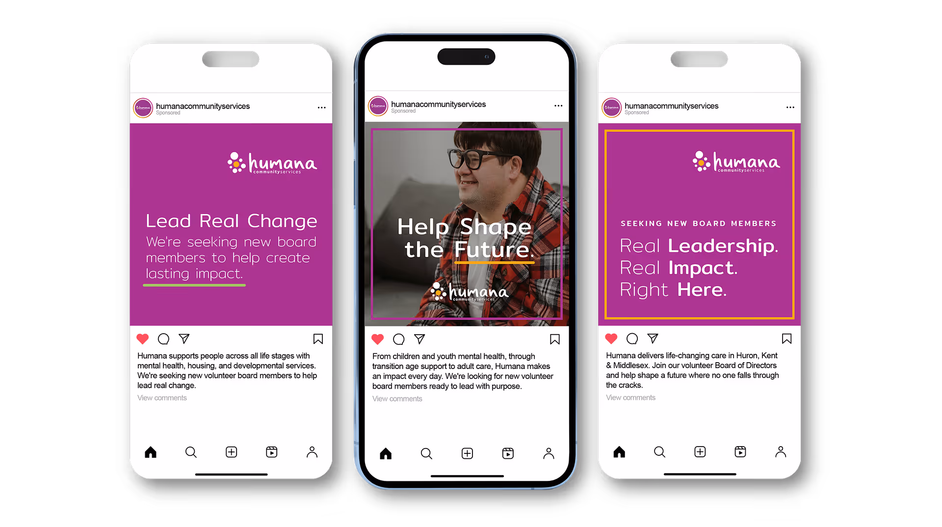Three smartphones display Humana Community Services Instagram posts seeking new volunteer board members, emphasizing leadership, impact, and helping shape the future.