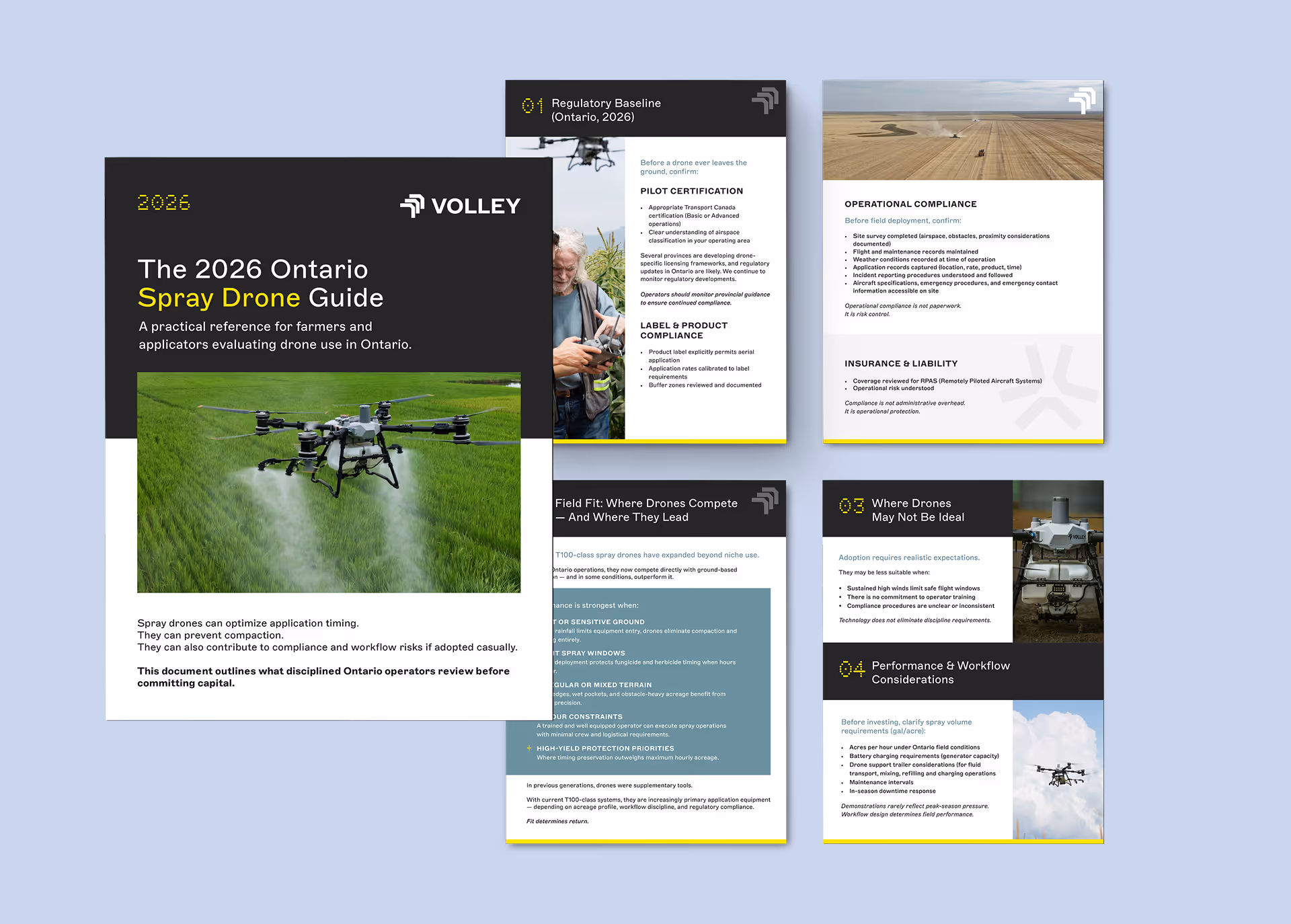 The 2026 Ontario Spray Drone Guide cover and inside pages, featuring a drone spraying crops, regulatory baseline, operational compliance, drone performance, and workflow considerations.