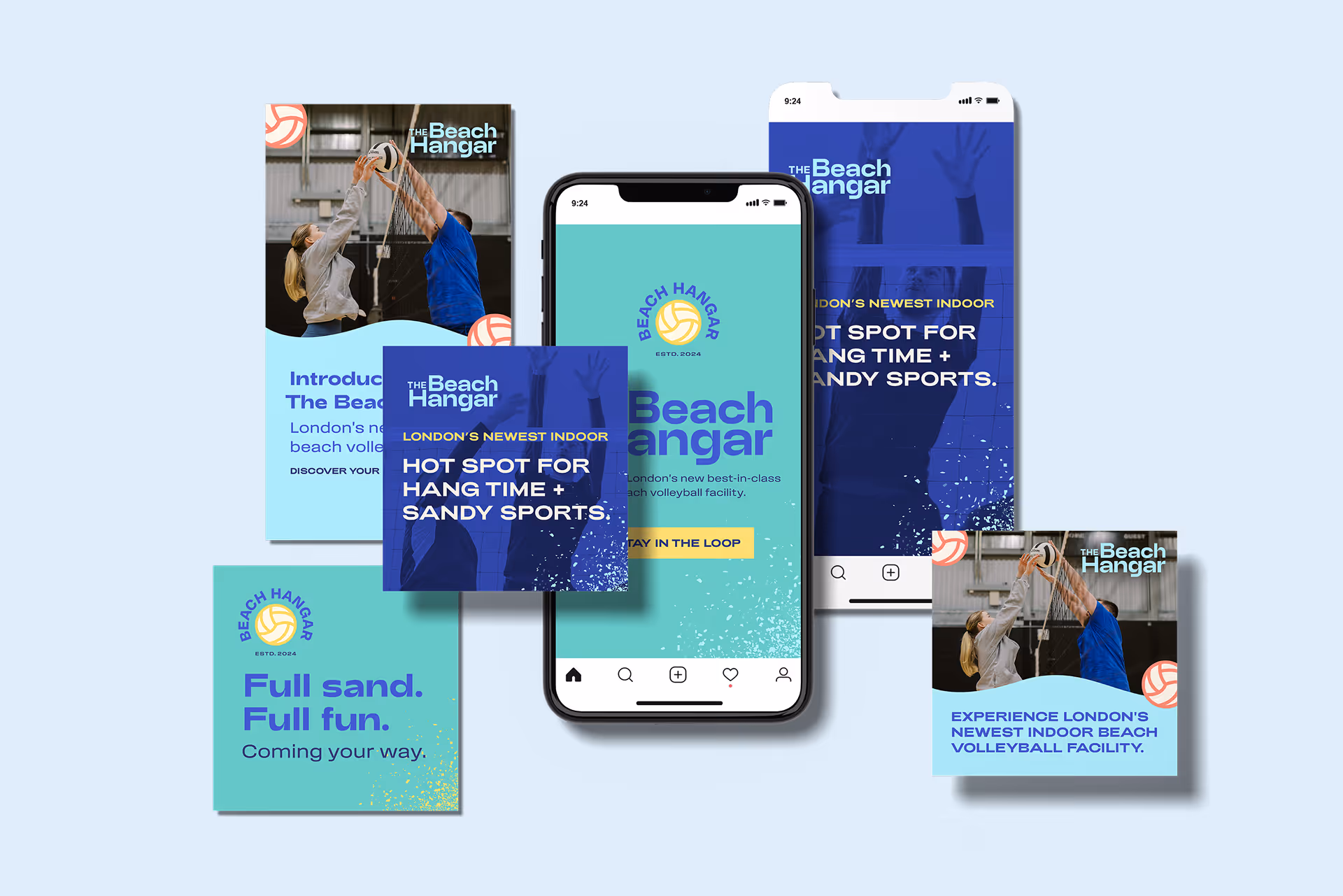 Collage of digital ads and mobile screens promoting The Beach Hangar, London's newest indoor beach volleyball facility with slogans about sandy sports and fun.