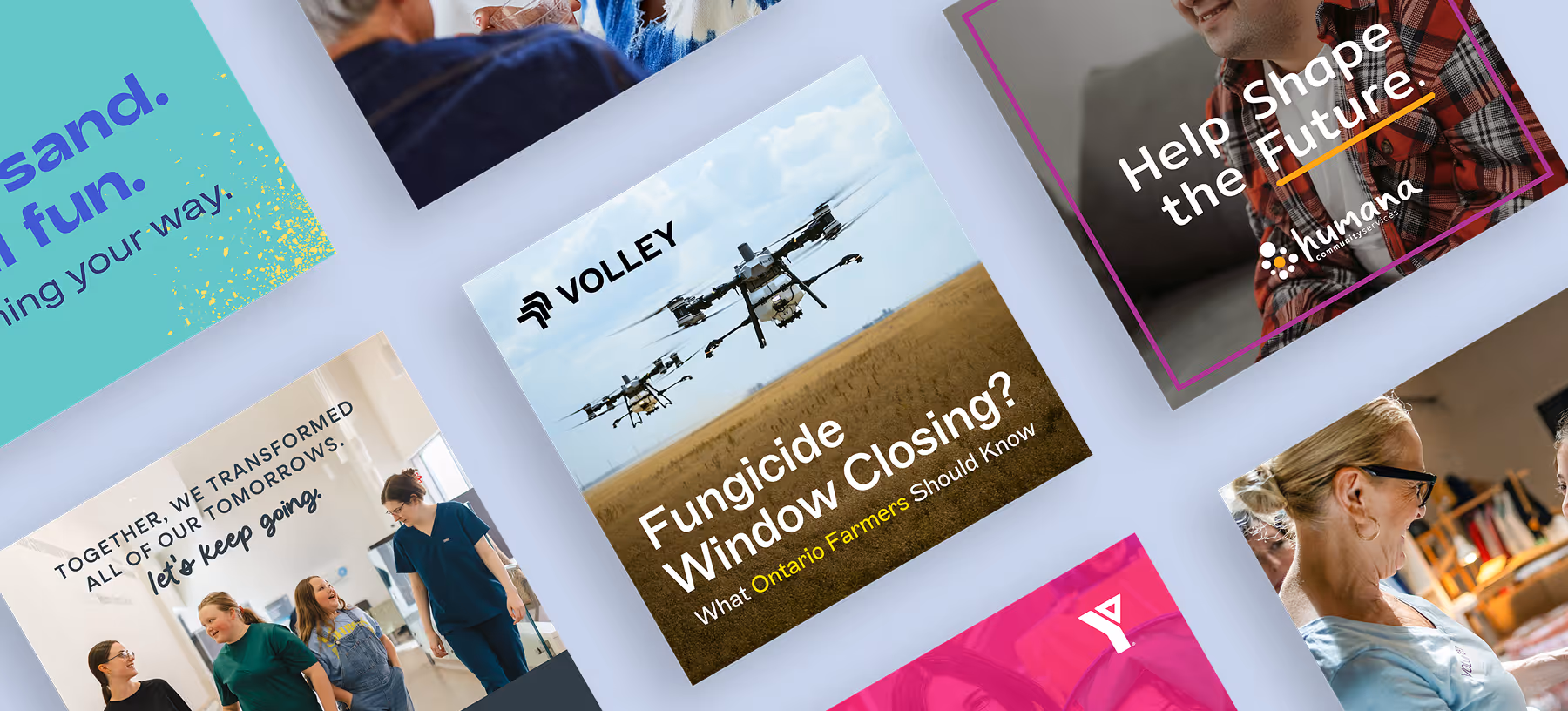 Collage featuring lead gen ads including a drone flying over a field with text about fungicide window closing for Ontario farmers, and images of people smiling and engaging in activities.