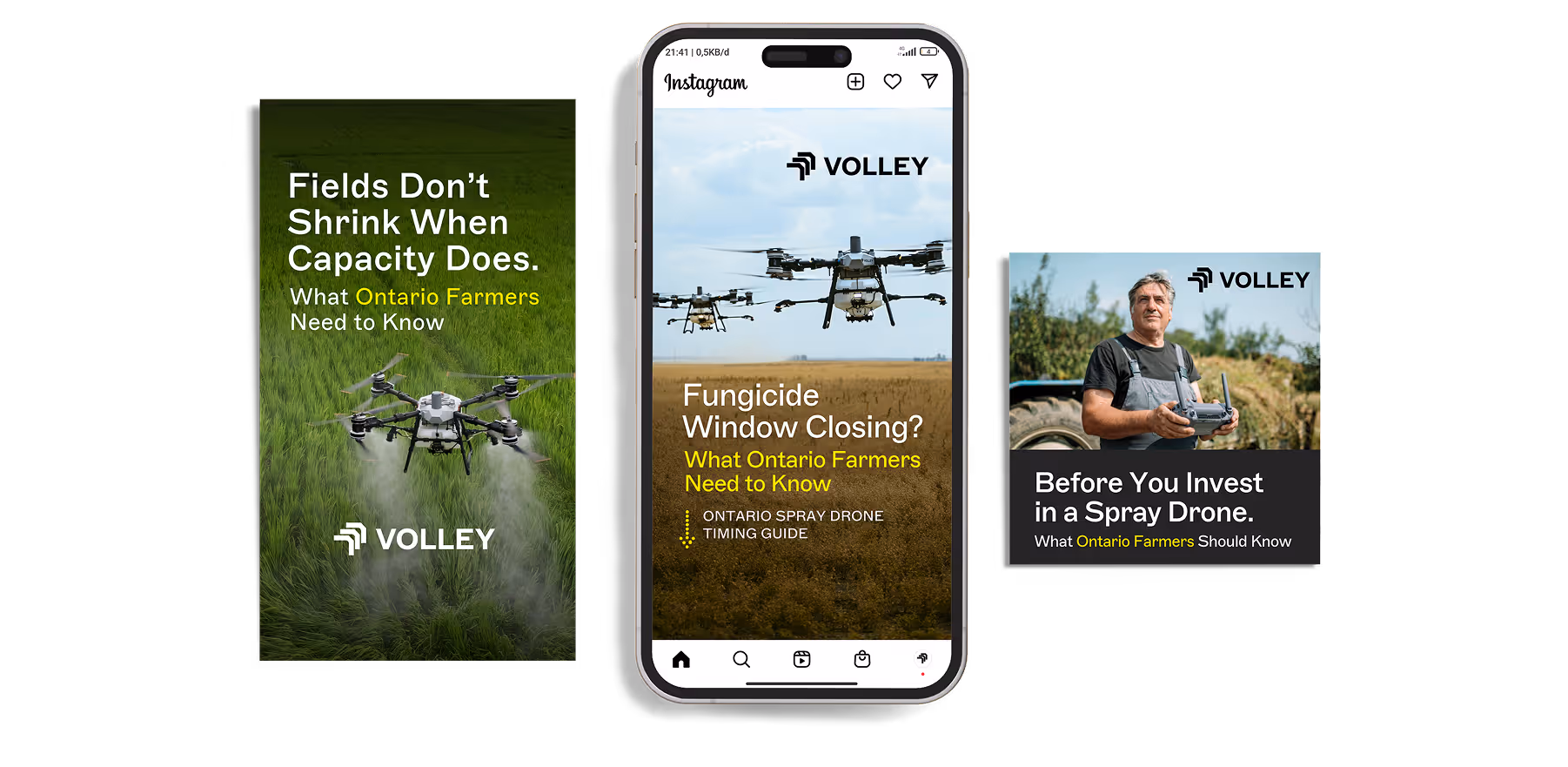 Three Volley ads for Ontario farmers featuring aerial spray drones over fields and a farmer holding a drone controller.