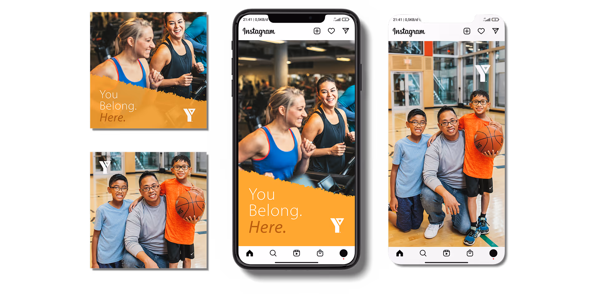 Instagram posts showing diverse people at a gym and indoor basketball court with the text 'You Belong. Here.' and the YMCA logo.