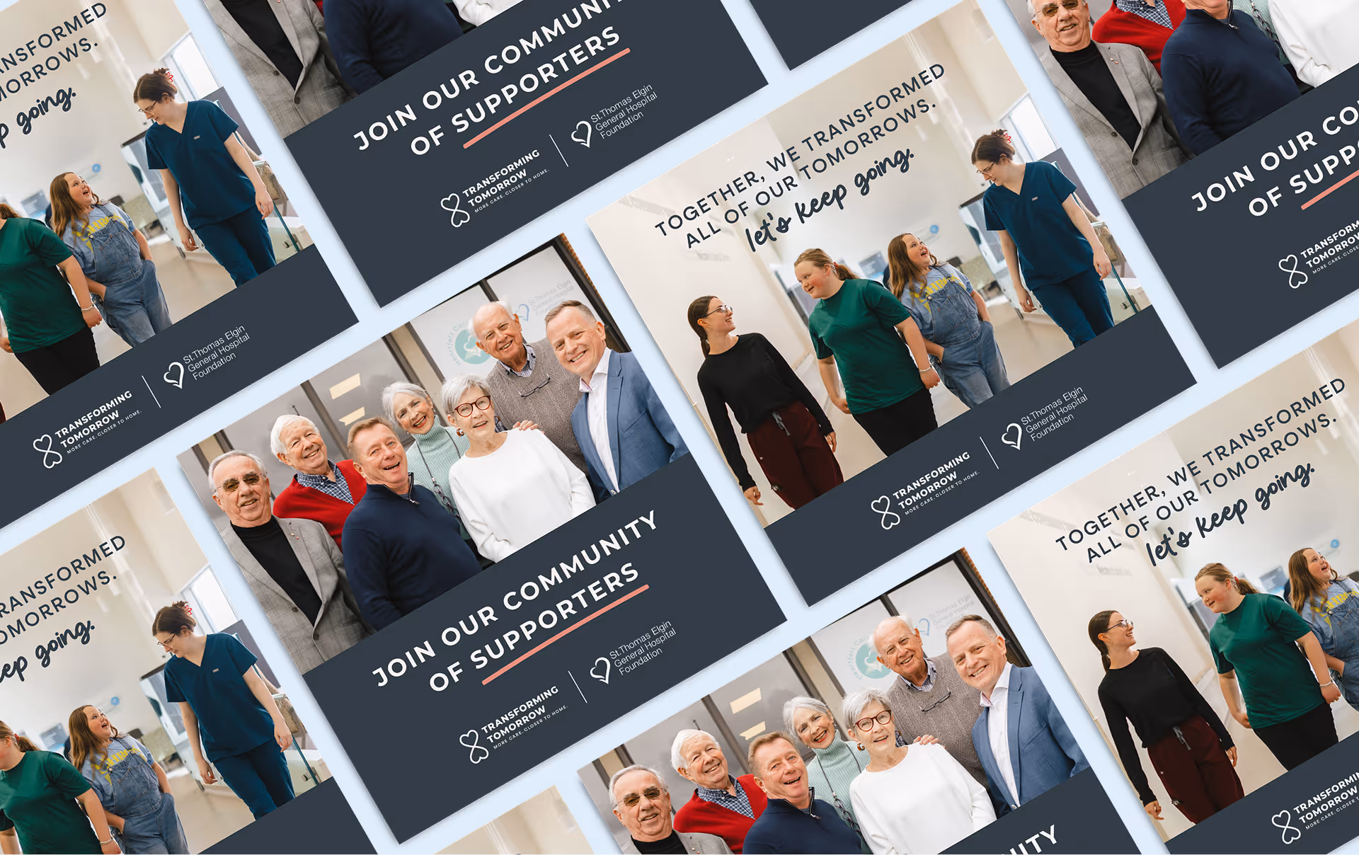 Collage of lead gen ads showing diverse groups of people walking together in hospital corridors with text encouraging support for St. Thomas Elgin General Hospital Foundation.