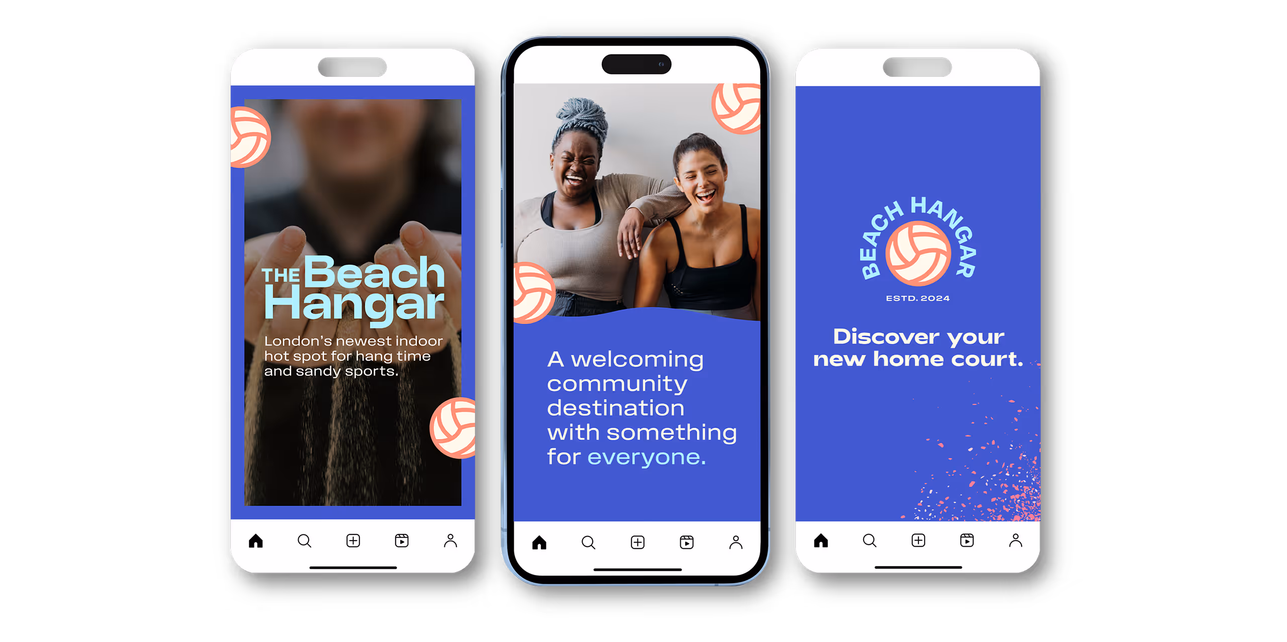 Three smartphone screens promoting The Beach Hangar, London’s indoor beach sports community with welcoming messages and smiling women.