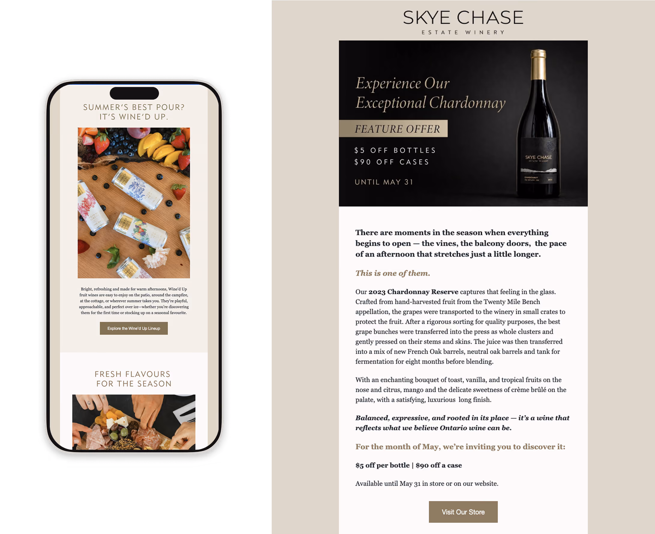 Email Mockup: Skye Chase Estate Winery ad featuring a bottle of Chardonnay with a feature offer of $5 off bottles and $90 off cases until May 31. The ad describes the 2023 Chardonnay Reserve, made from hand-harvested Twenty Mile Bench grapes, aged in new French Oak barrels with tasting notes of toast, vanilla, tropical fruits, citrus, mango, and crème brûlée sweetness. It emphasizes the wine's balanced and expressive nature and invites customers to visit the store for a special May promotion.