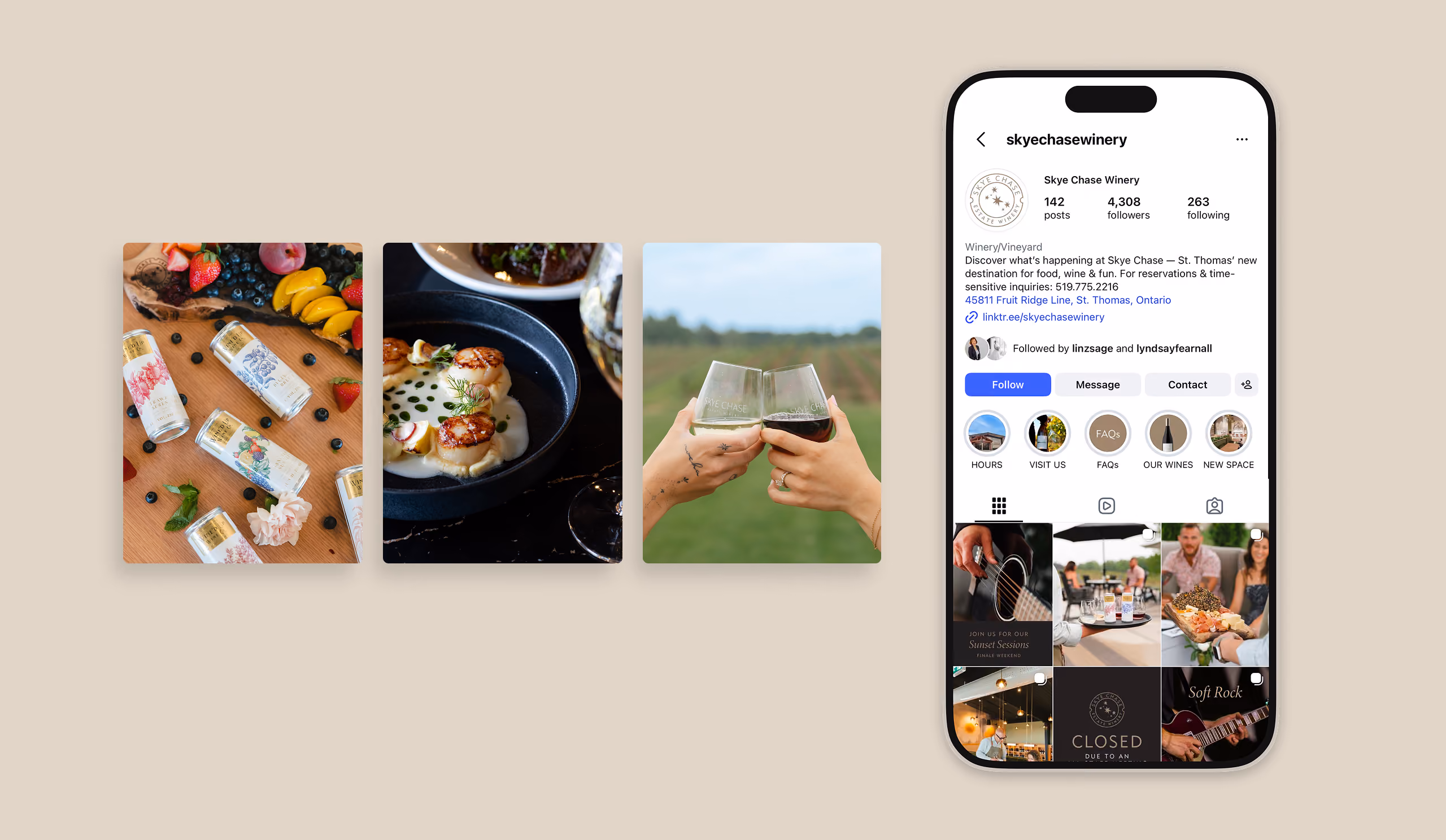 Four side-by-side digital ads on beige background: bottles of Skye Chase Winery wine with strawberries and blueberries; scallops cooking in a black pan; two hands clinking glasses of white and red wine outdoors; and a smartphone screen showing Skye Chase Winery's Instagram page with photos and follower info.