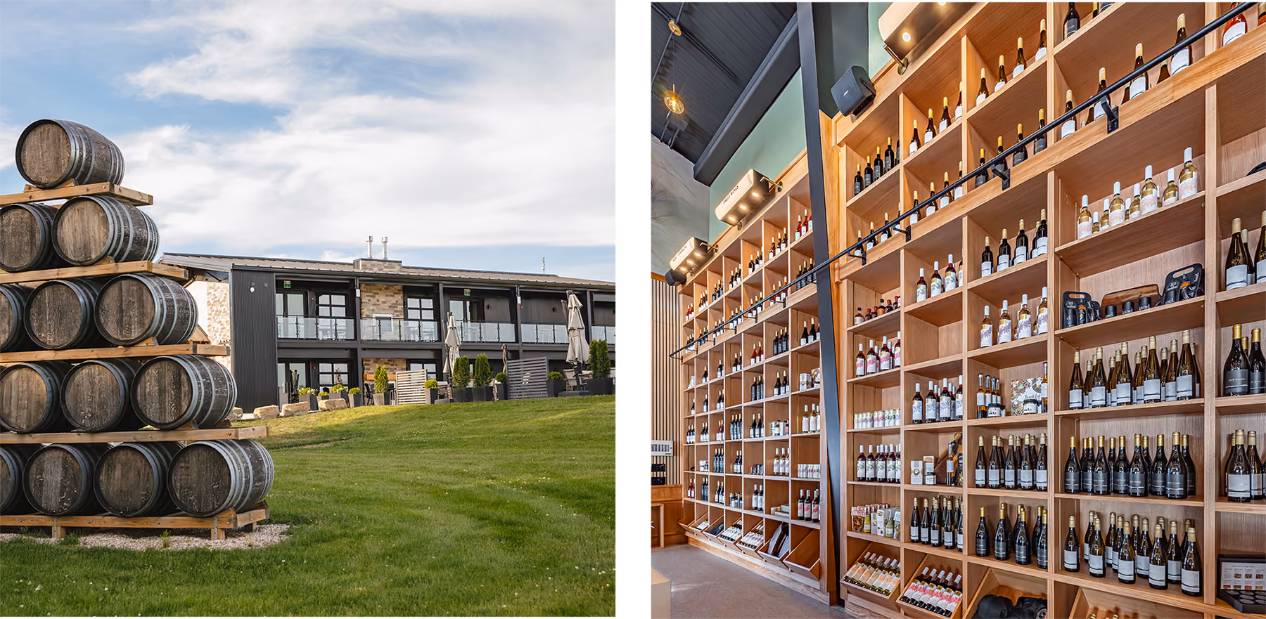 Split image showing a pyramid of wooden wine barrels stacked on grass outside next to a modern building under a cloudy sky, and an indoor view of tall wooden shelves filled with various wine bottles in a winery or wine shop.