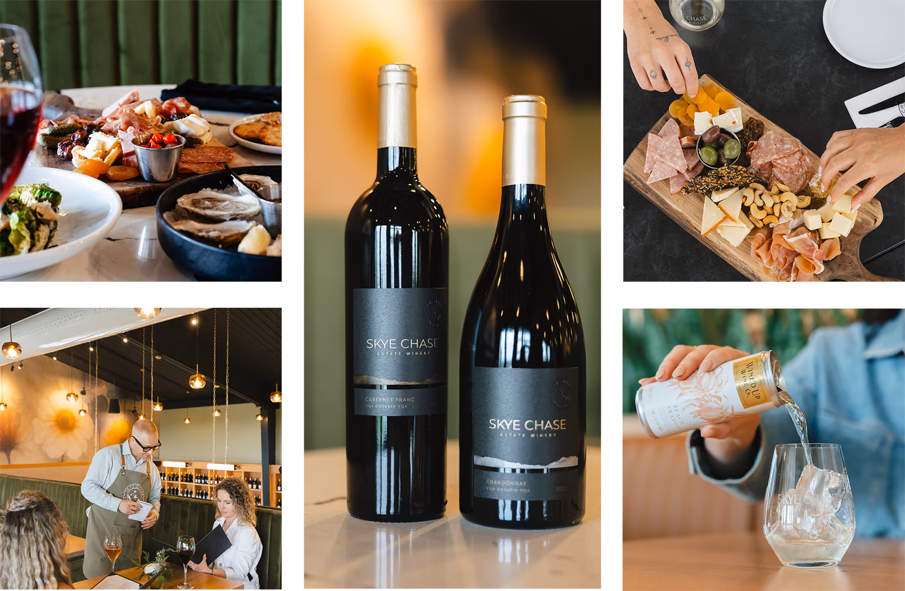 Collage of five images showing wine and dining: two bottles of Skye Chase wine on a table, a hand preparing a charcuterie board with meats, cheeses, and nuts, a person pouring a canned drink into a glass with ice, a restaurant waiter serving customers seated at a table, and plates of food including salad and appetizer dishes.