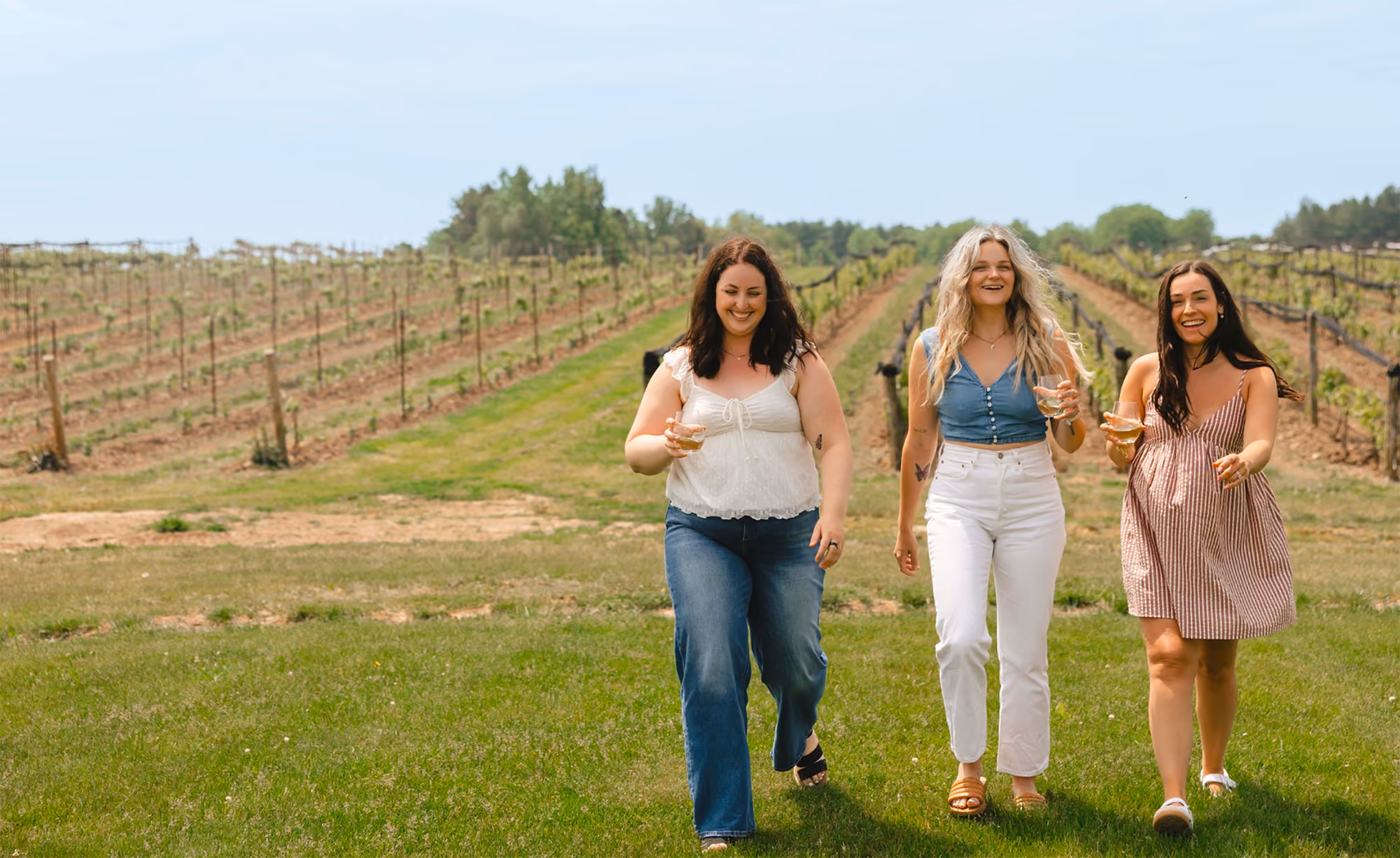 Three women walking through a vineyard holding glasses of white wine, smiling and enjoying the outdoors on a sunny day.