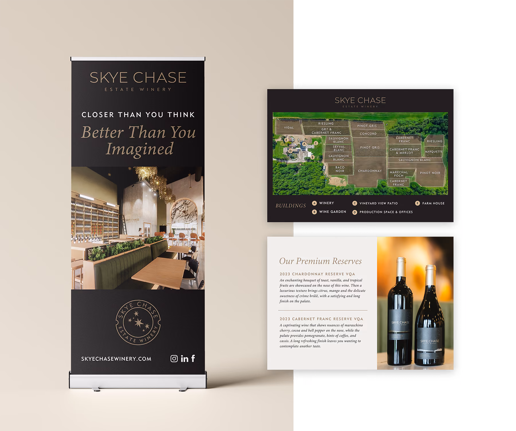 Promotional display for Skye Chase Estate Winery including a vertical banner with a photo of a modern tasting room and text 'Closer Than You Think, Better Than You Imagined', a map of the vineyard sections labeled by grape varieties and facilities, and a card describing the premium reserves Chardonnay and Cabernet Franc with two bottles of wine pictured.