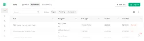 Task management interface showing urgent provider tasks: Add missing five-year work history assigned to Alice Smith, RN, expired due 1/2/2025; Upload renewed DEA certificate assigned to Michael Johnson, PT, due in 2 days; and Complete CAQH attestation assigned to Emma Brown, NP, due in 5 days.