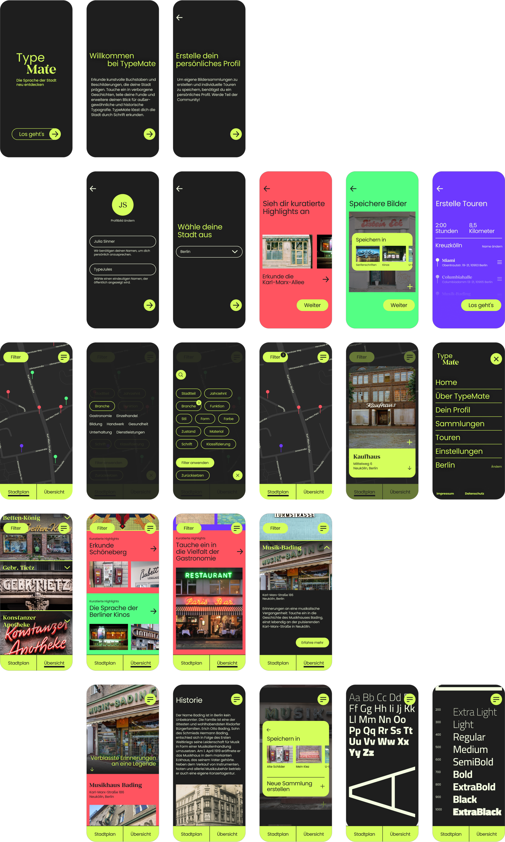 A selection of screen designs from the TypeMate app.