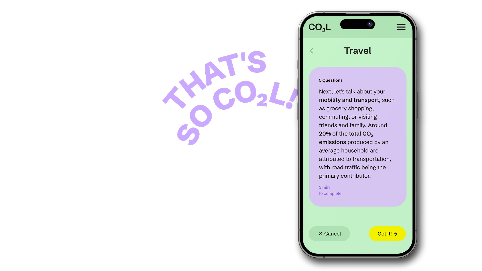 A smartphone with a screen from the app with an introduction to the next category Travel. 