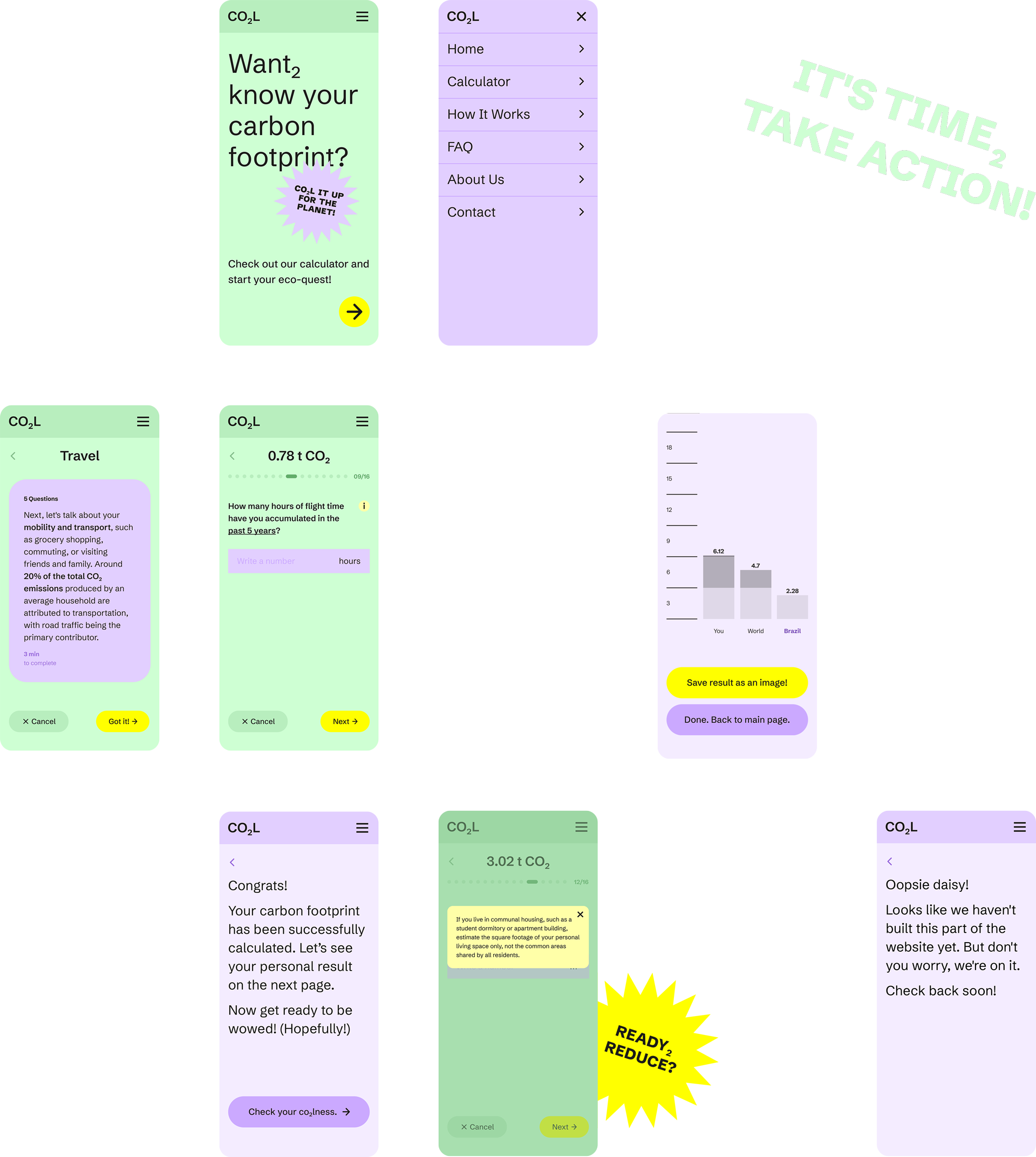 A selection of screen designs from the CO2L app.