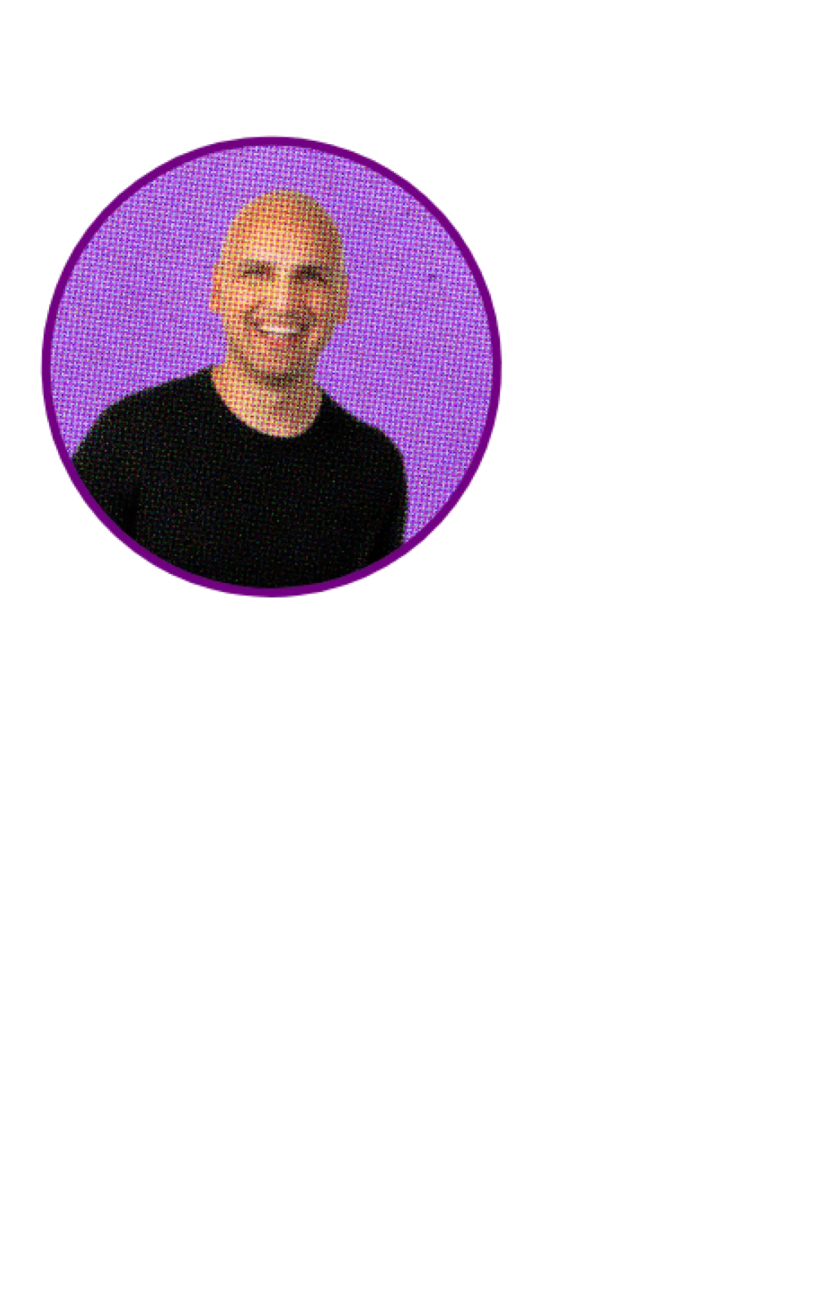 Smiling bald man wearing a black shirt inside a purple circular frame.