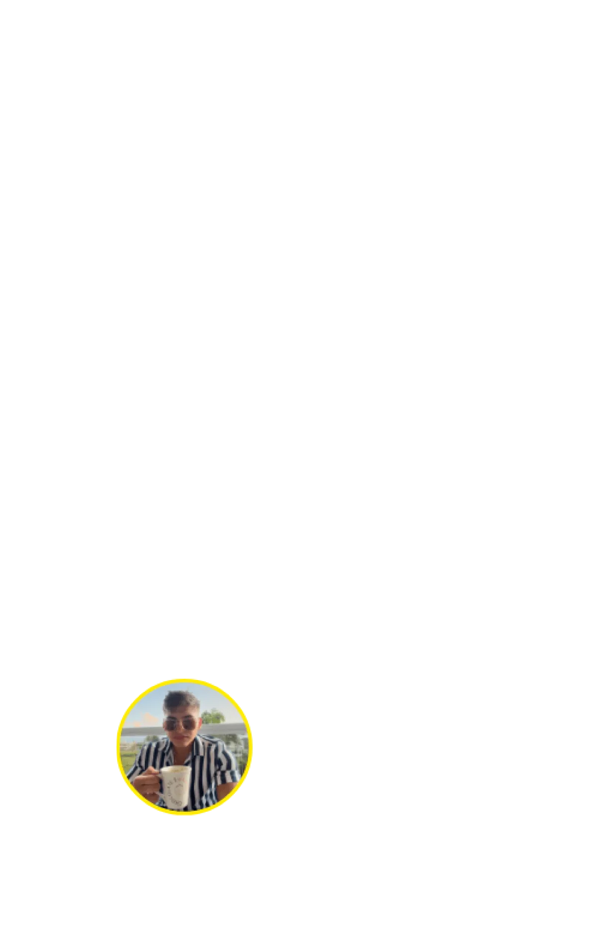 Person wearing sunglasses and a striped shirt holding a white coffee mug outdoors with greenery in the background.