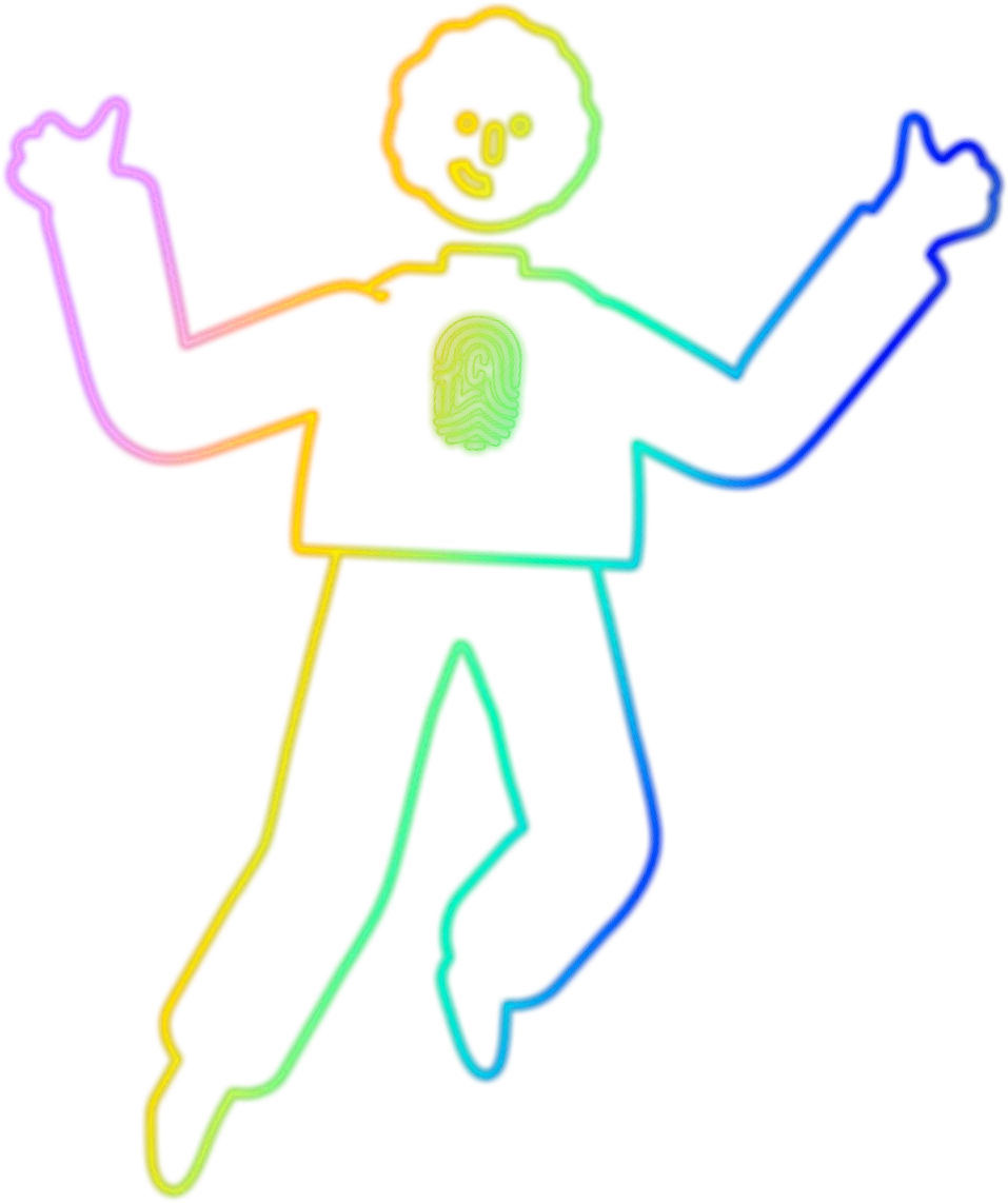 Neon rainbow outline of a dancing person with a fingerprint design on the chest.