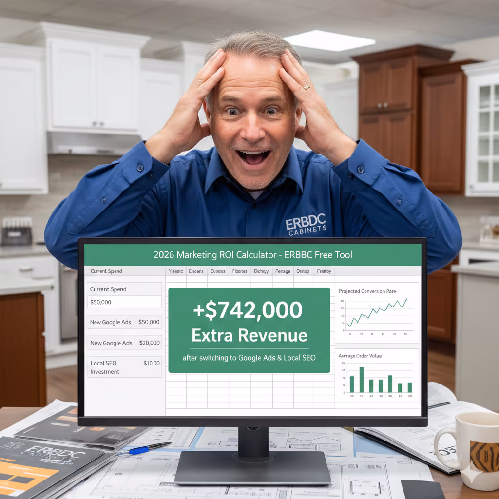 Cabinet dealer shocked looking at 2026 marketing ROI calculator showing +$742k extra revenue after switching to Google Ads and Local SEO – ERBDC free tool