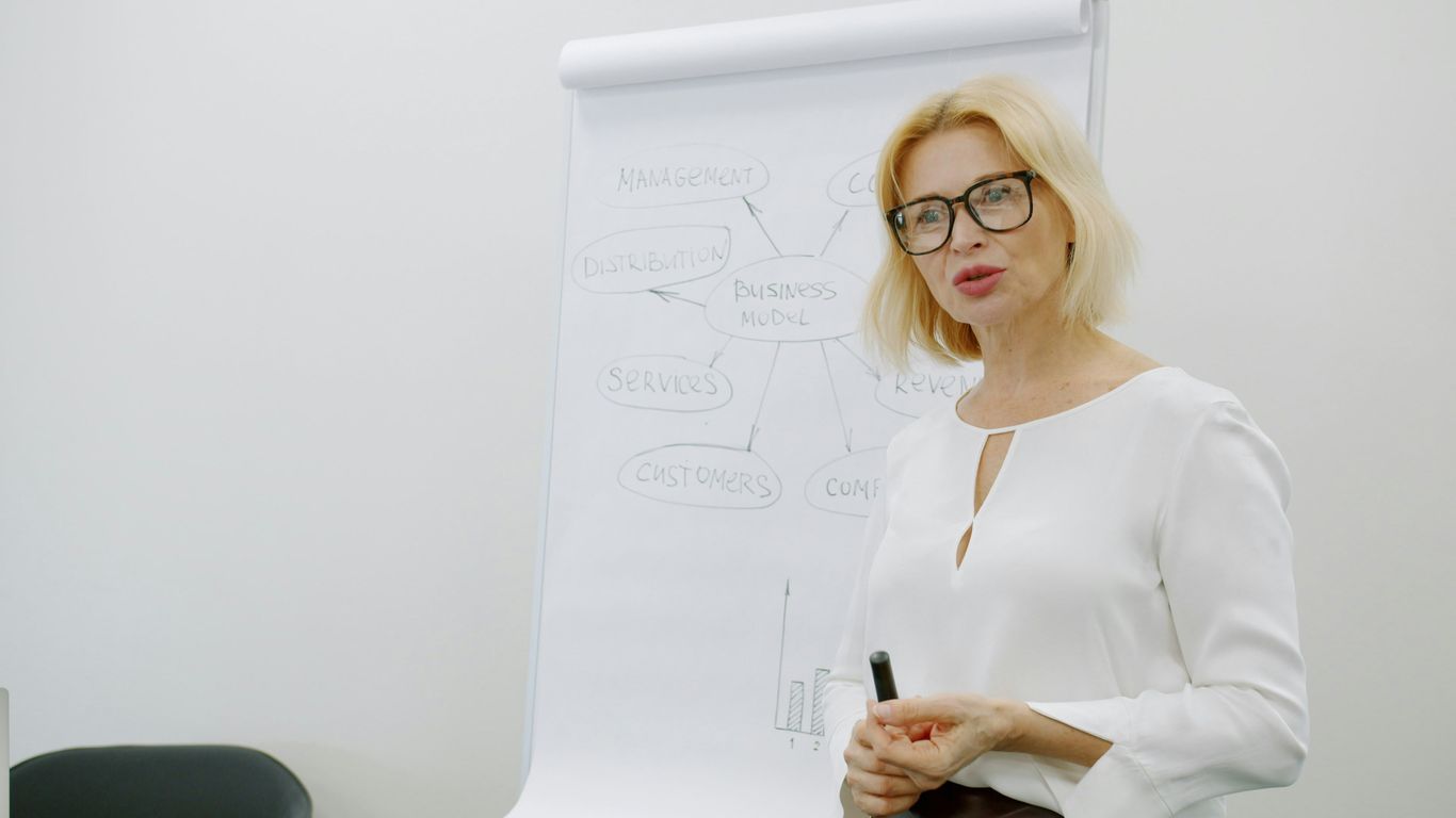 Blonde woman in glasses presenting near flip chart