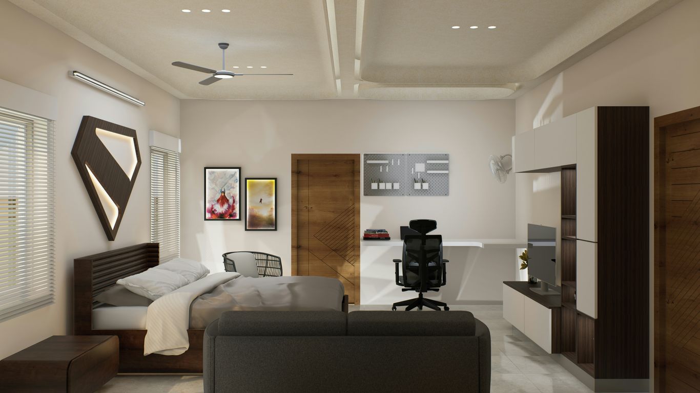 Modern and cozy bedroom with a workstation.
