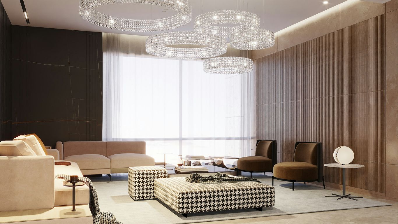 Modern living room with elegant chandeliers and comfortable seating.
