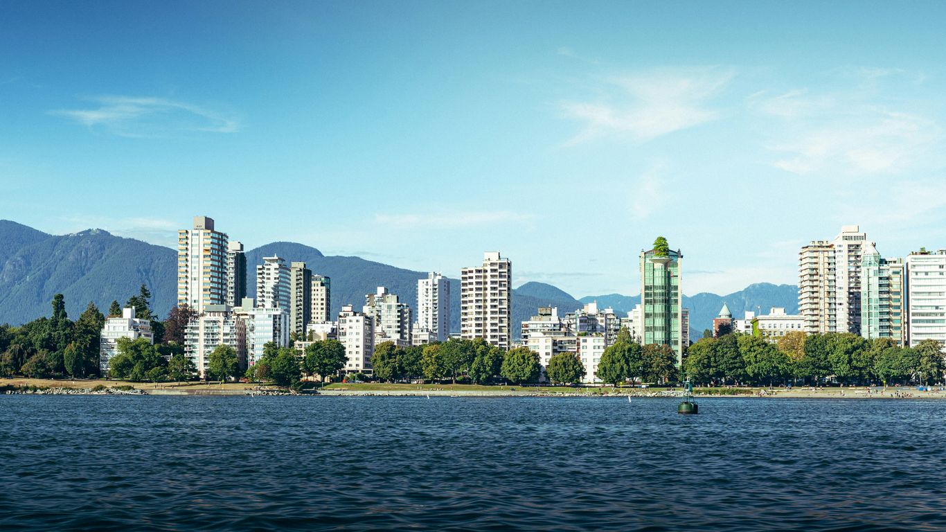 City skyline with mountains and ocean in foreground