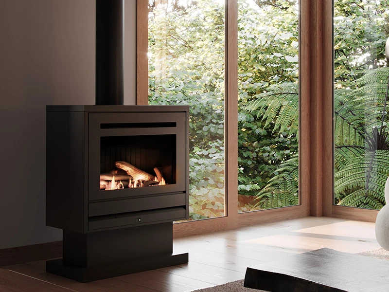 Rinnai gas freestanding fireplace installed in living room of New Zealand home