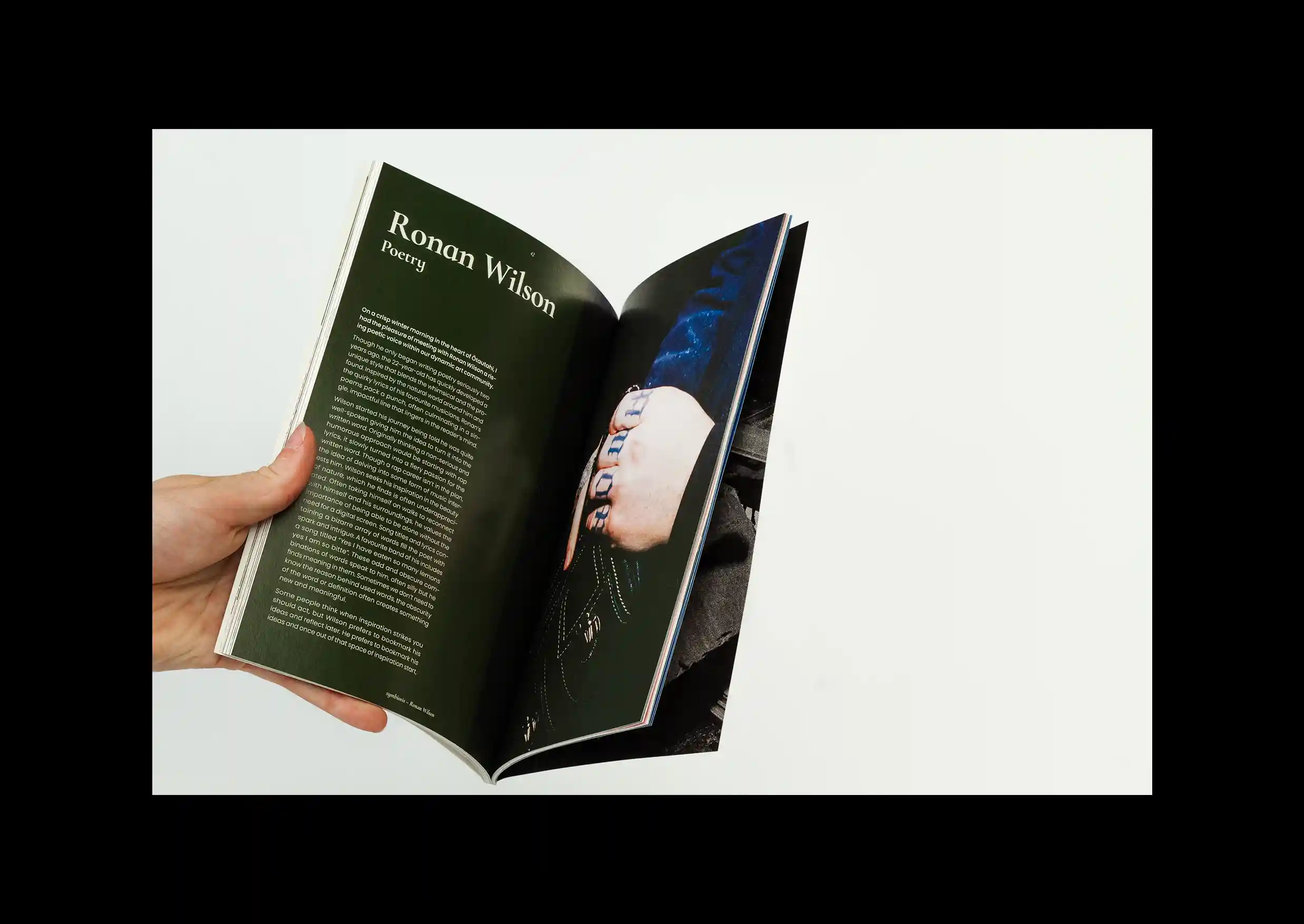 Ronan Wilson intro spread, product photo, in Symbiosis magazine