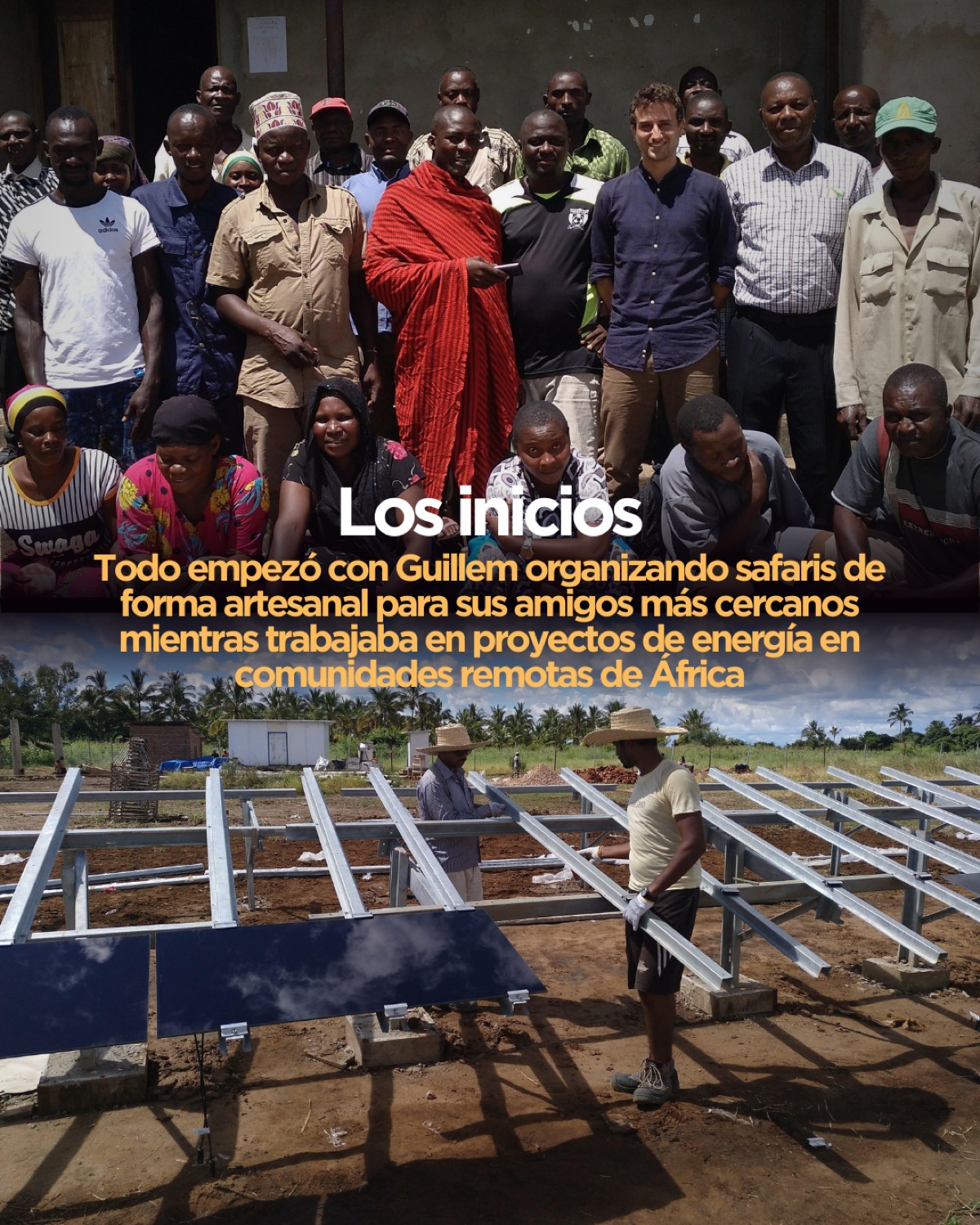 Grupo comunitario posando junto a trabajadores instalando paneles solares en terreno rural africano