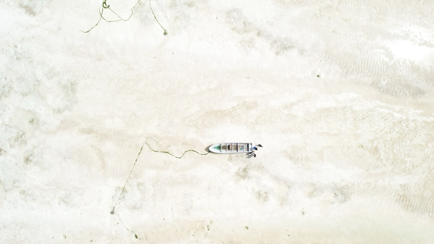 Aerial view of a small boat stranded on white sand flats with green mooring ropes