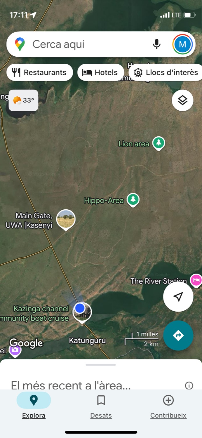 Pantalla de Google Maps amb àrees de lleons i hipopòtams al canal Kazinga
