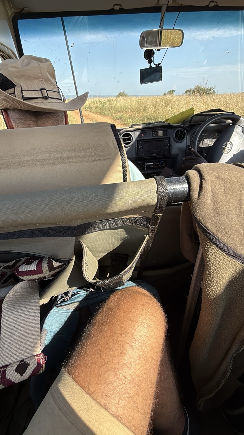 Safari vehicle interior driving along a dirt track through dry golden grassland
