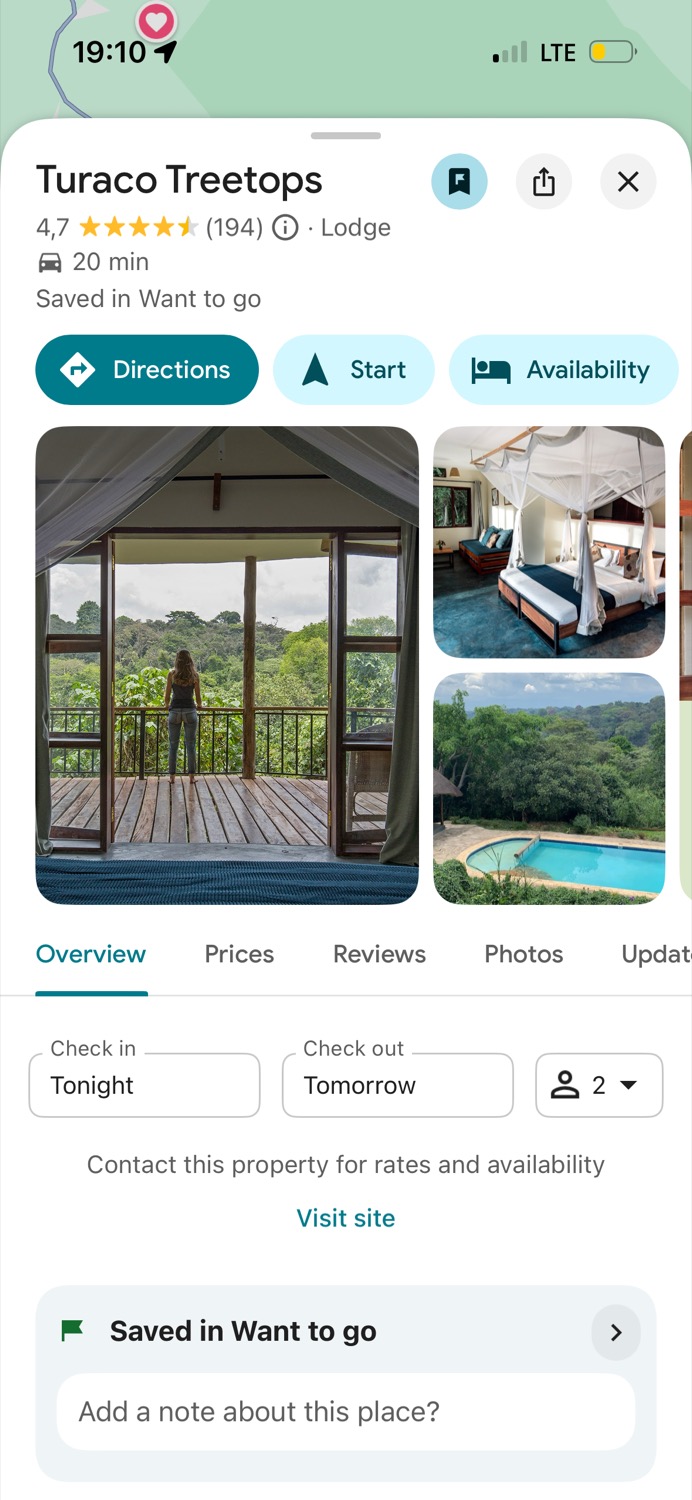 Mobile screen showing safari lodge listing with jungle canopy deck view and pool