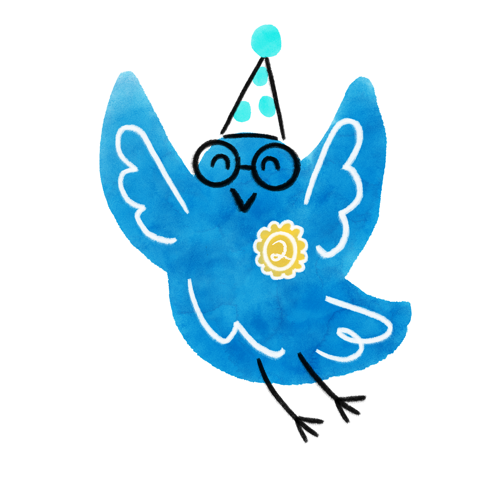 a decorative image of the little saints blue bird in a party hat