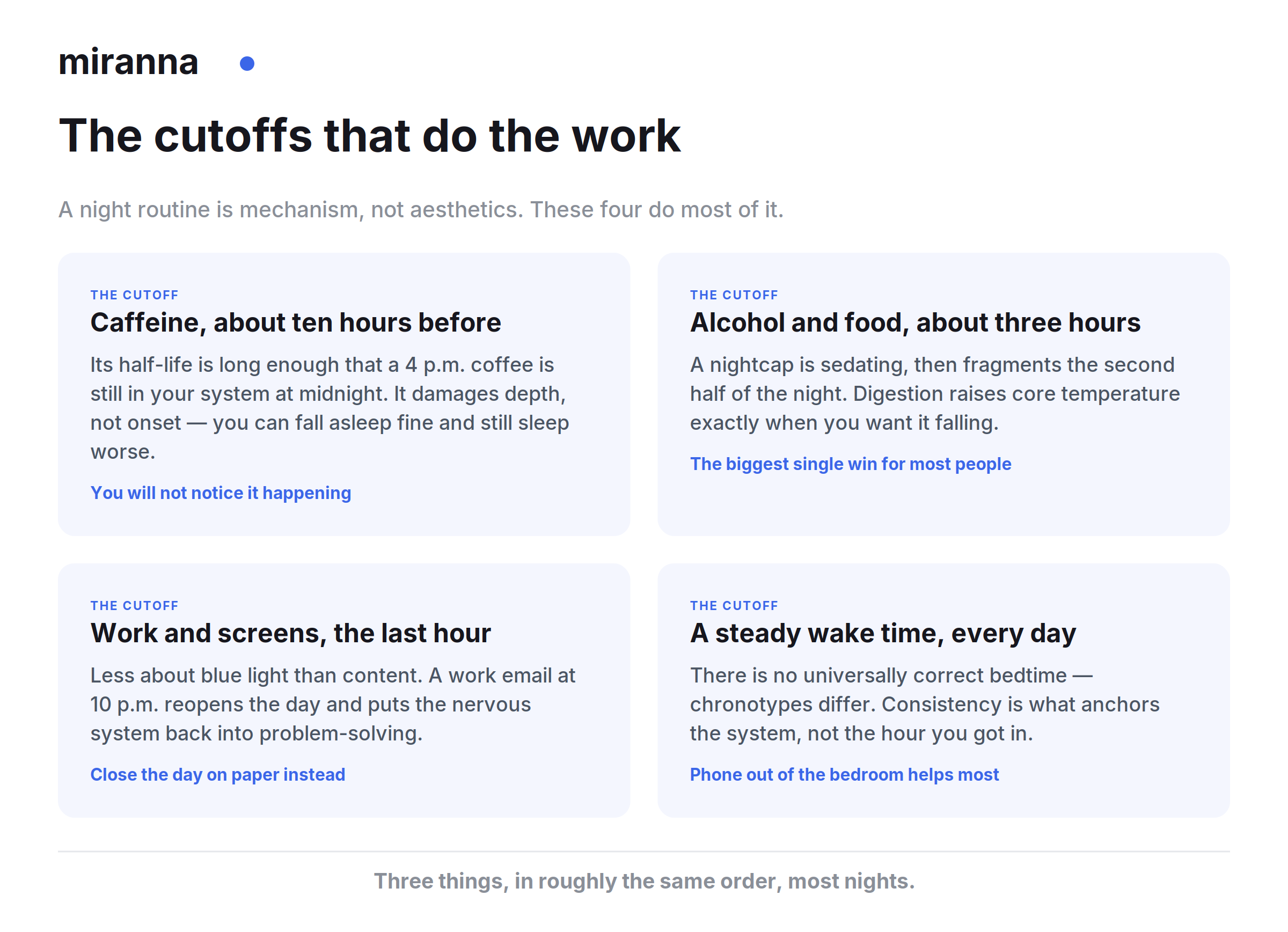 The cutoffs that make a night routine work: caffeine about ten hours before bed, alcohol and food about three hours, work and screens in the last hour, and a steady wake time every day