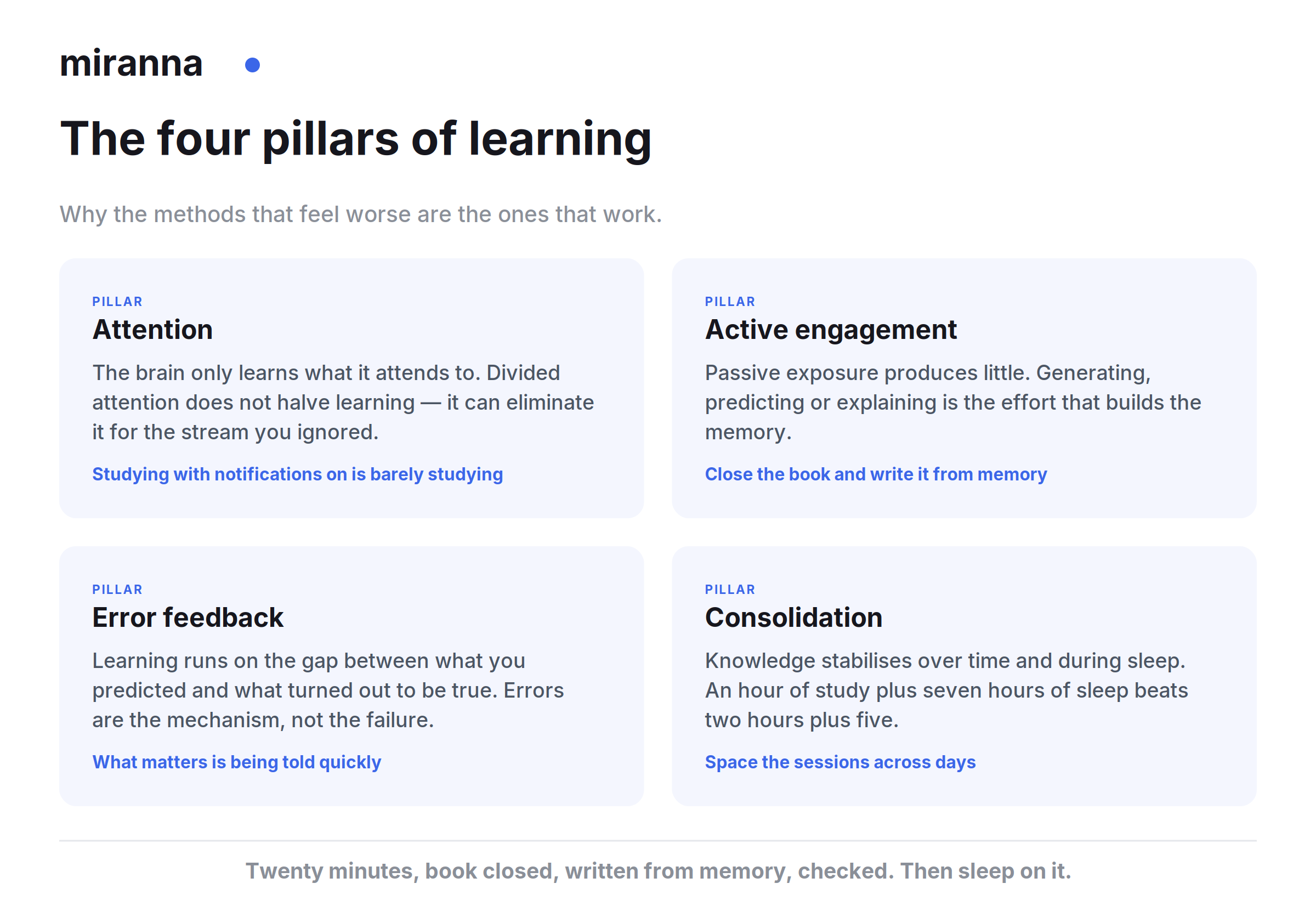 The four pillars of learning: attention, active engagement, error feedback and consolidation during sleep