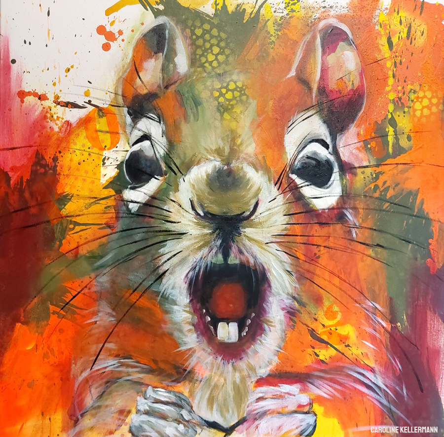 orange and red painting of a squirrel