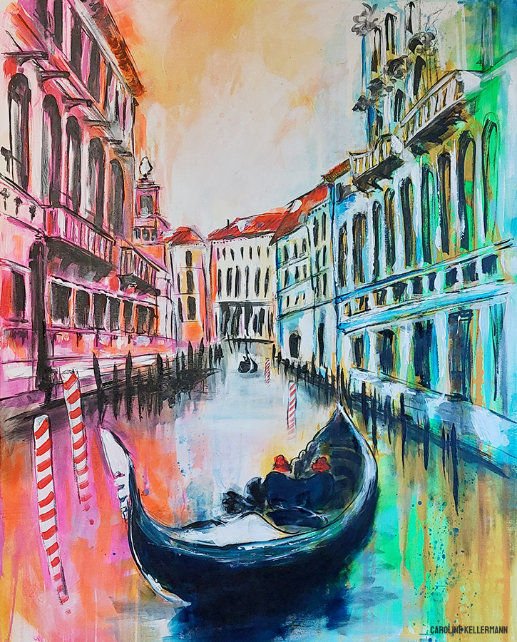 colorful painting of a boat in the canals of Venice