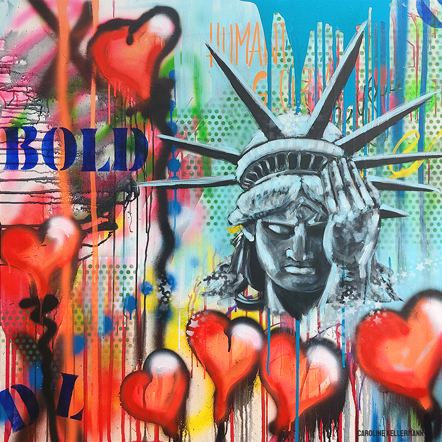 painting of the statue of liberty, combined with bleeding hearts and the word "bold"