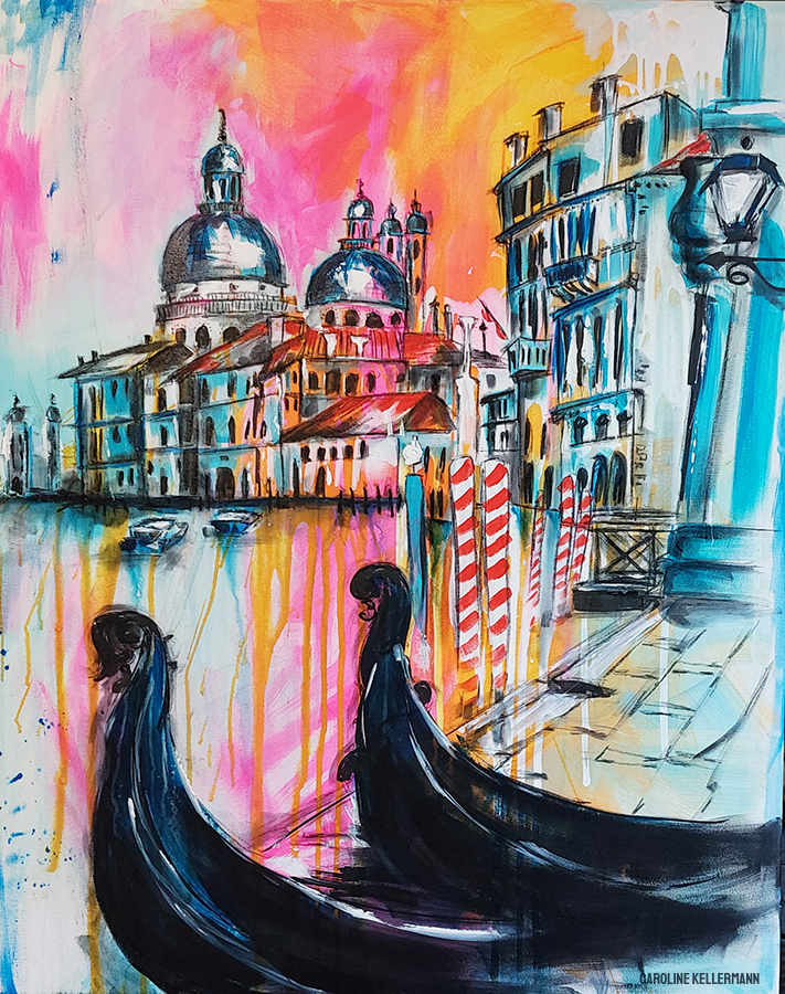 colorful painting of the canals of Venice, with boats in the foreground and buildings in the background