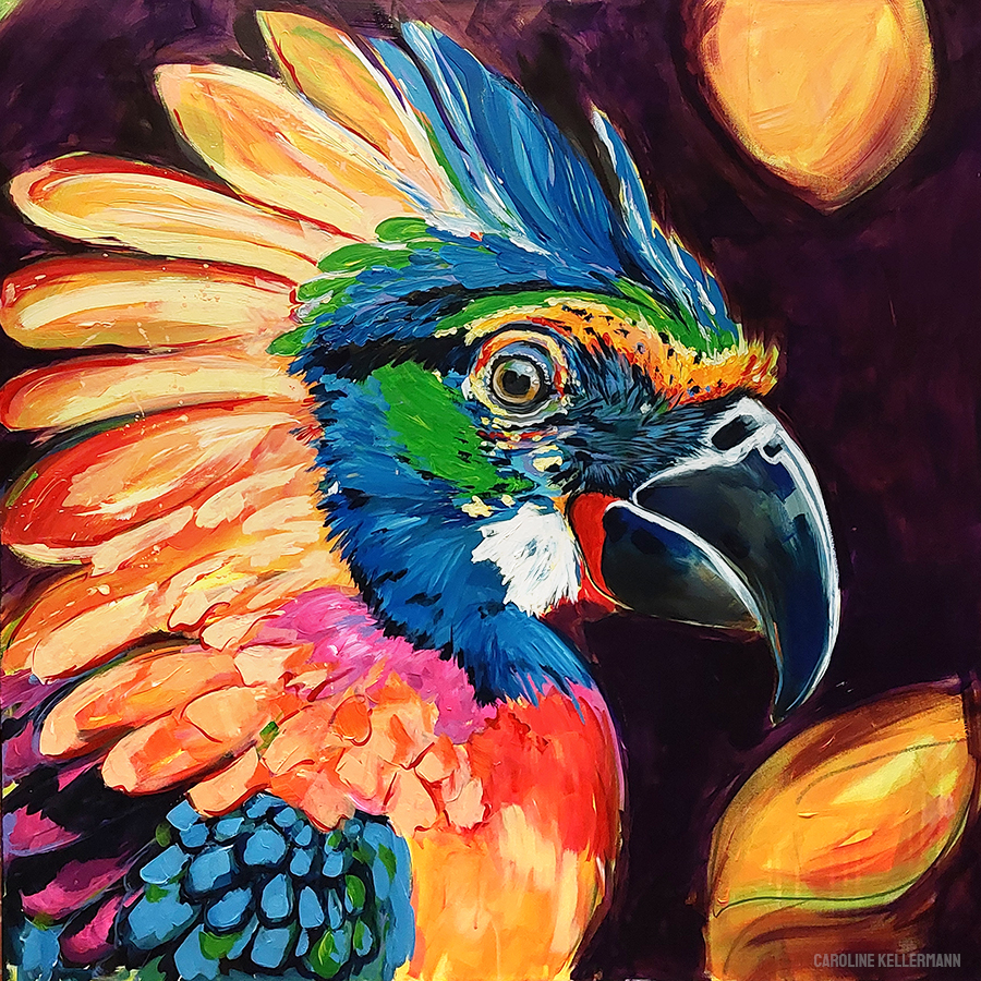acrylic painting of a blue and yellow parot