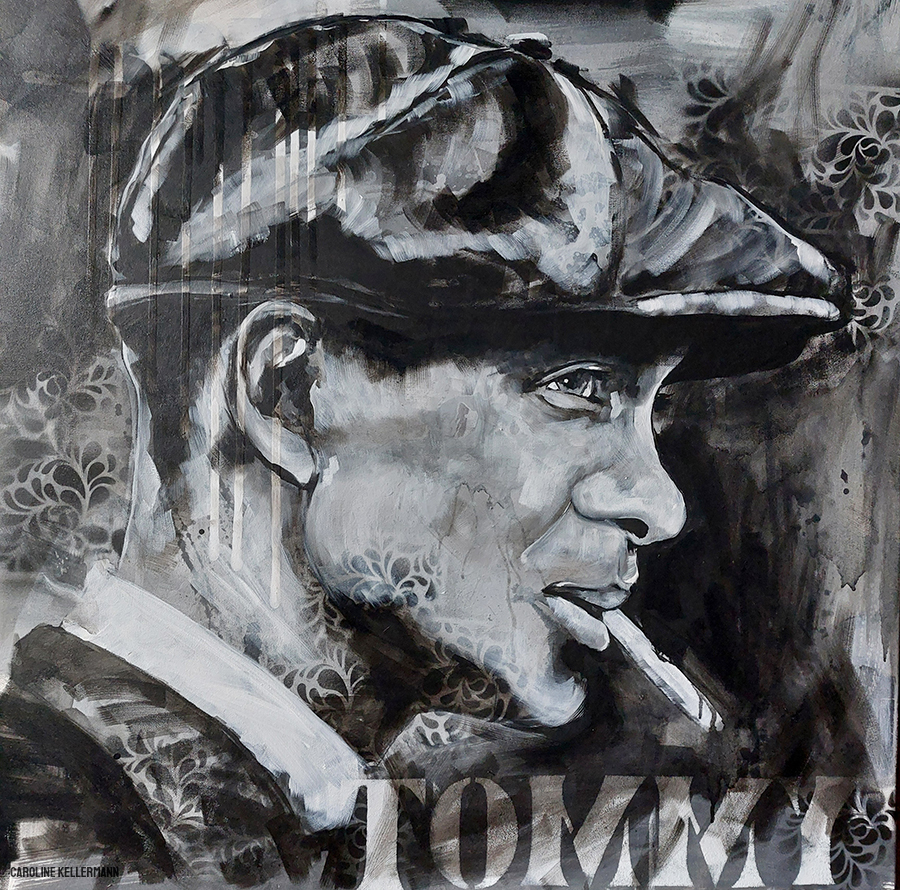 black and grey painting of thomas shelby from the show peaky blinders