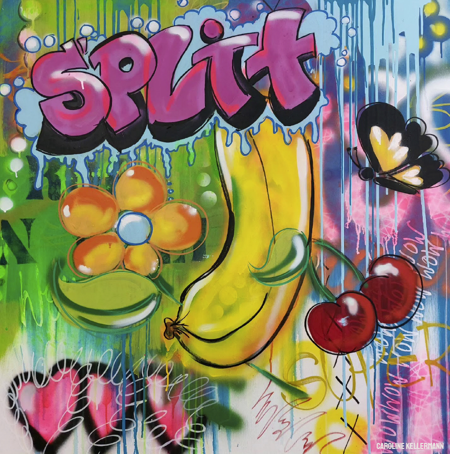 mixed media painting showing a banana, cherrys and grafitti elements