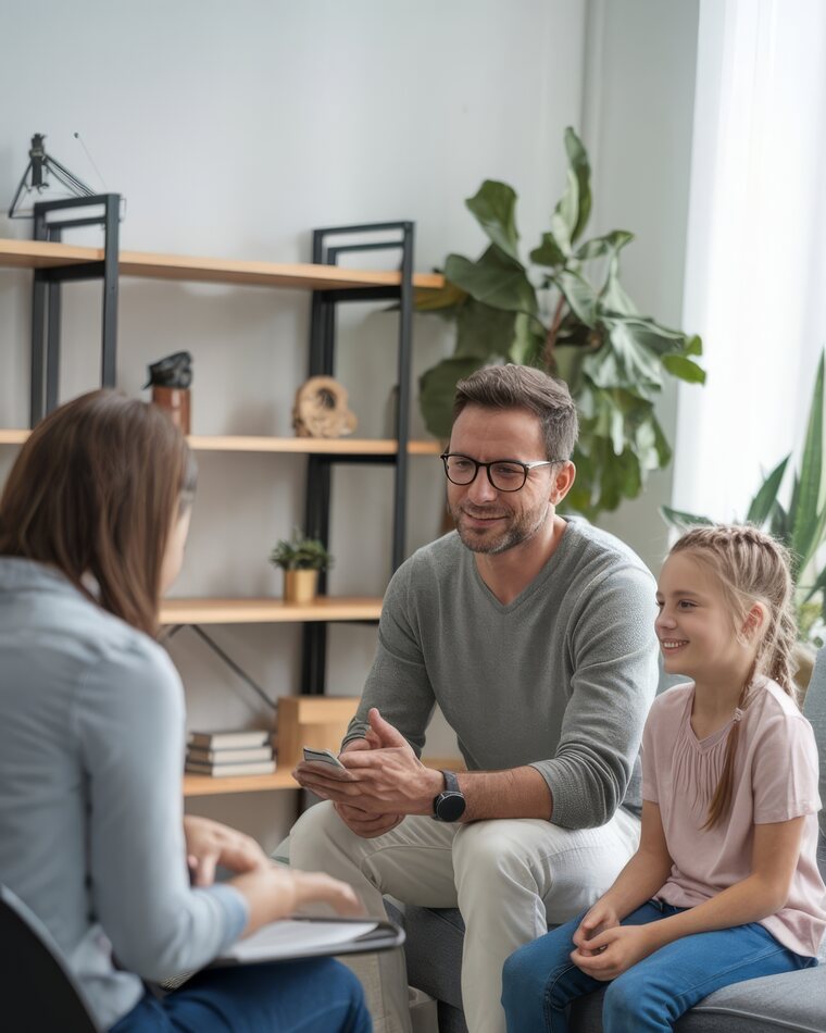 A parent and child meeting with their ABA therapist together at home